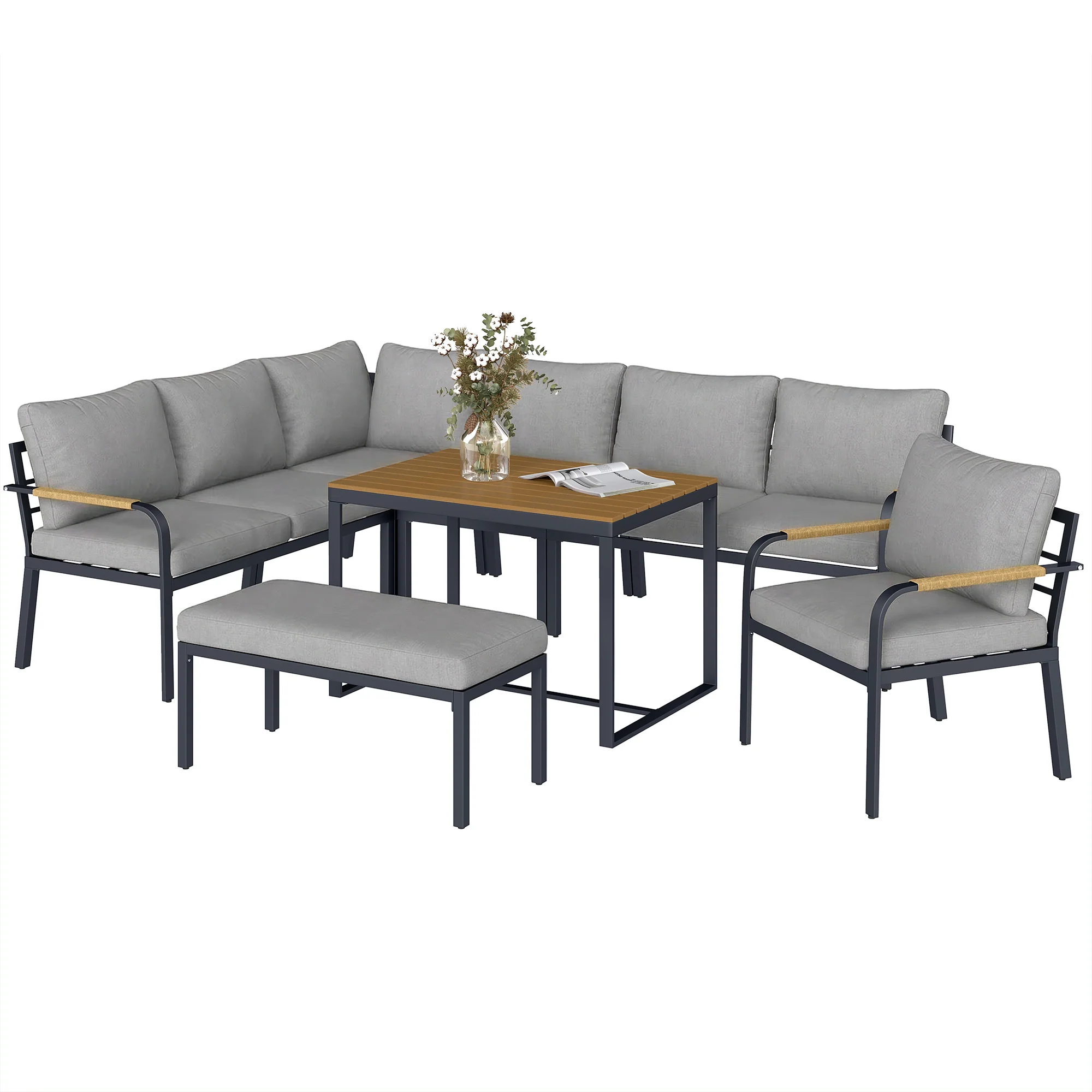 7 Seater Garden Furniture Set with Faux Wood Table, Light Grey - Image 2