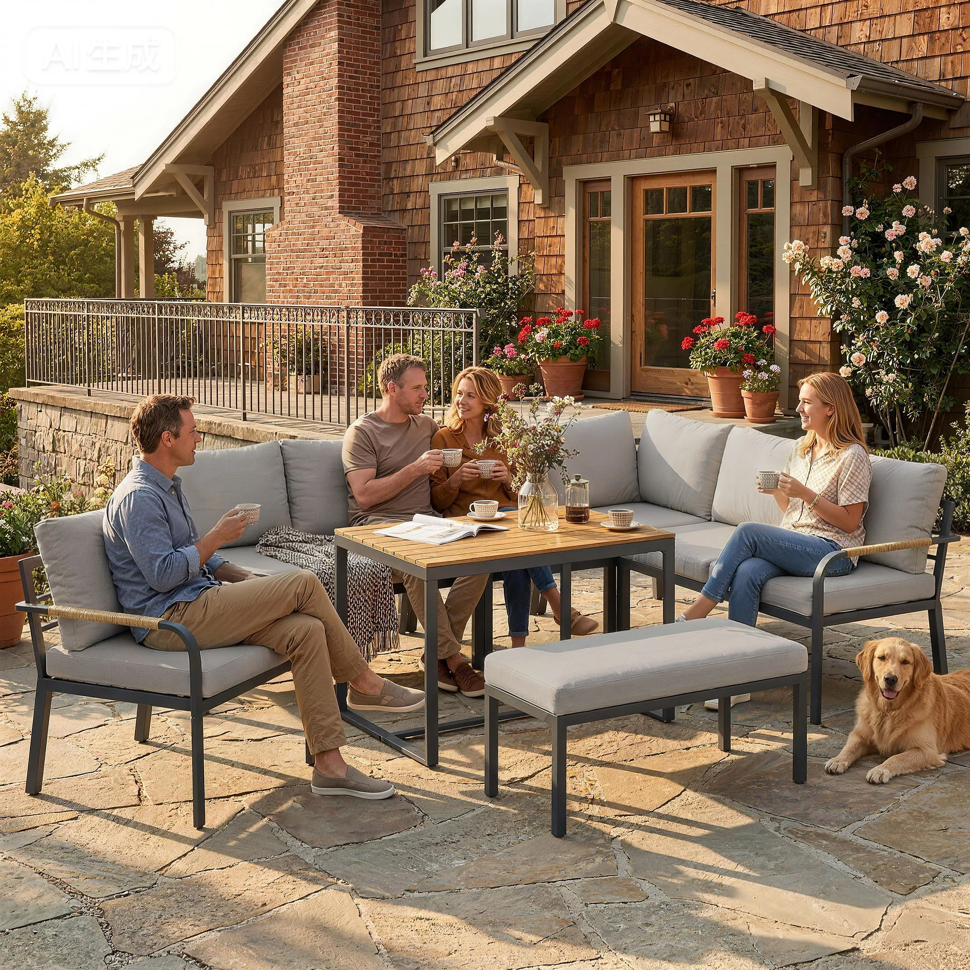 7 Seater Garden Furniture Set with Faux Wood Table, Light Grey - Image 4