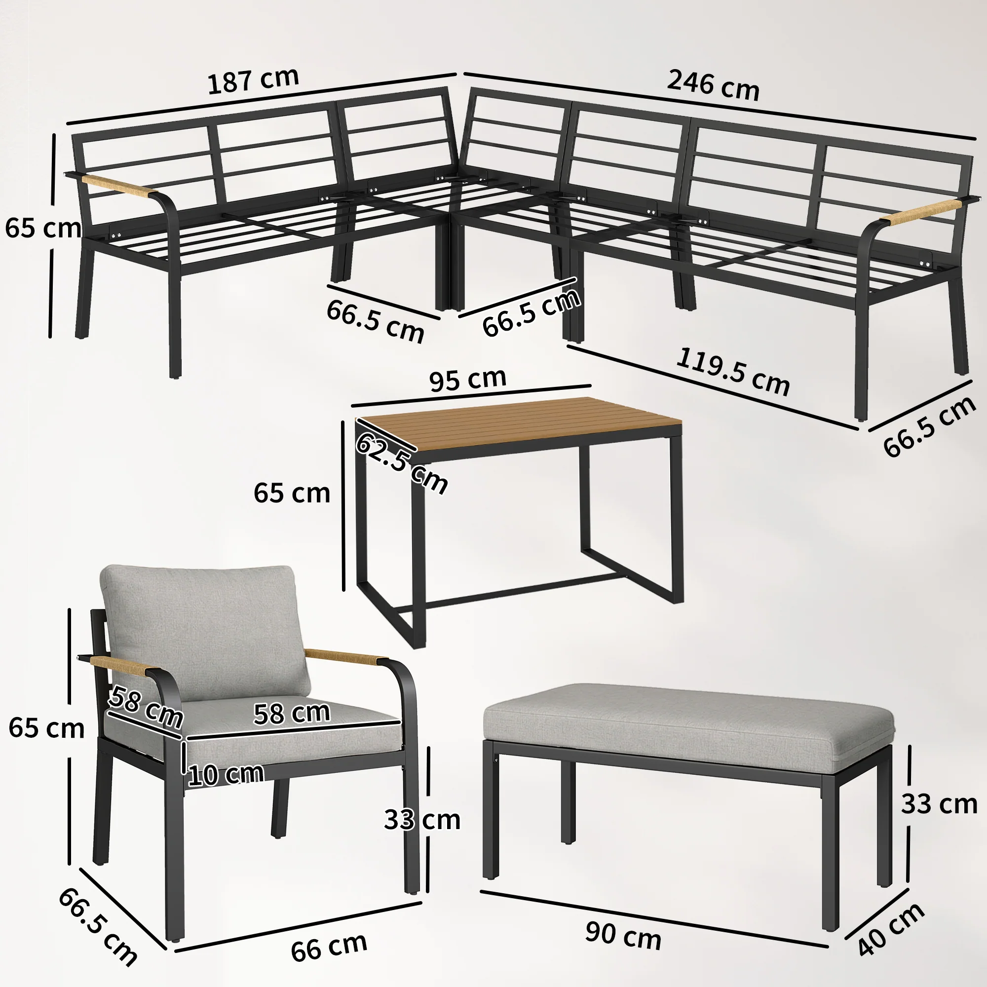 7 Seater Garden Furniture Set with Faux Wood Table, Light Grey - Image 5