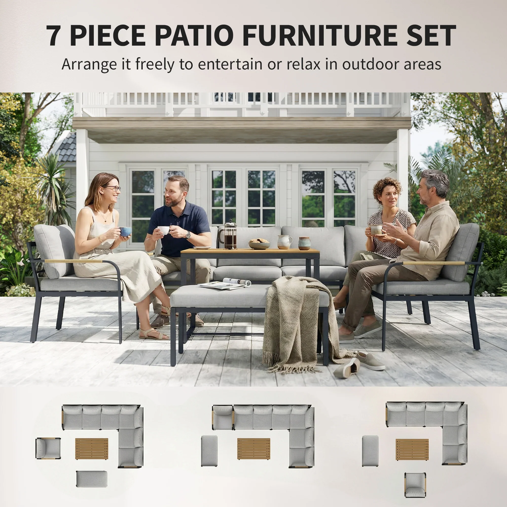 7 Seater Garden Furniture Set with Faux Wood Table, Light Grey - Image 6