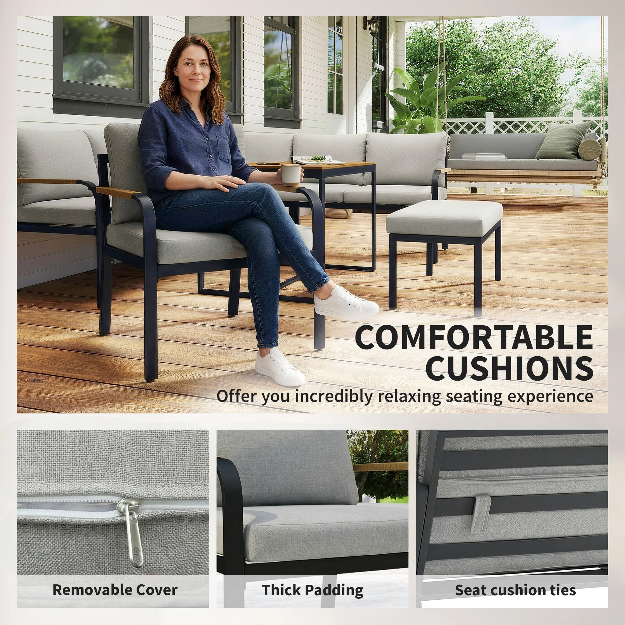 7 Seater Garden Furniture Set with Faux Wood Table, Light Grey - Image 8