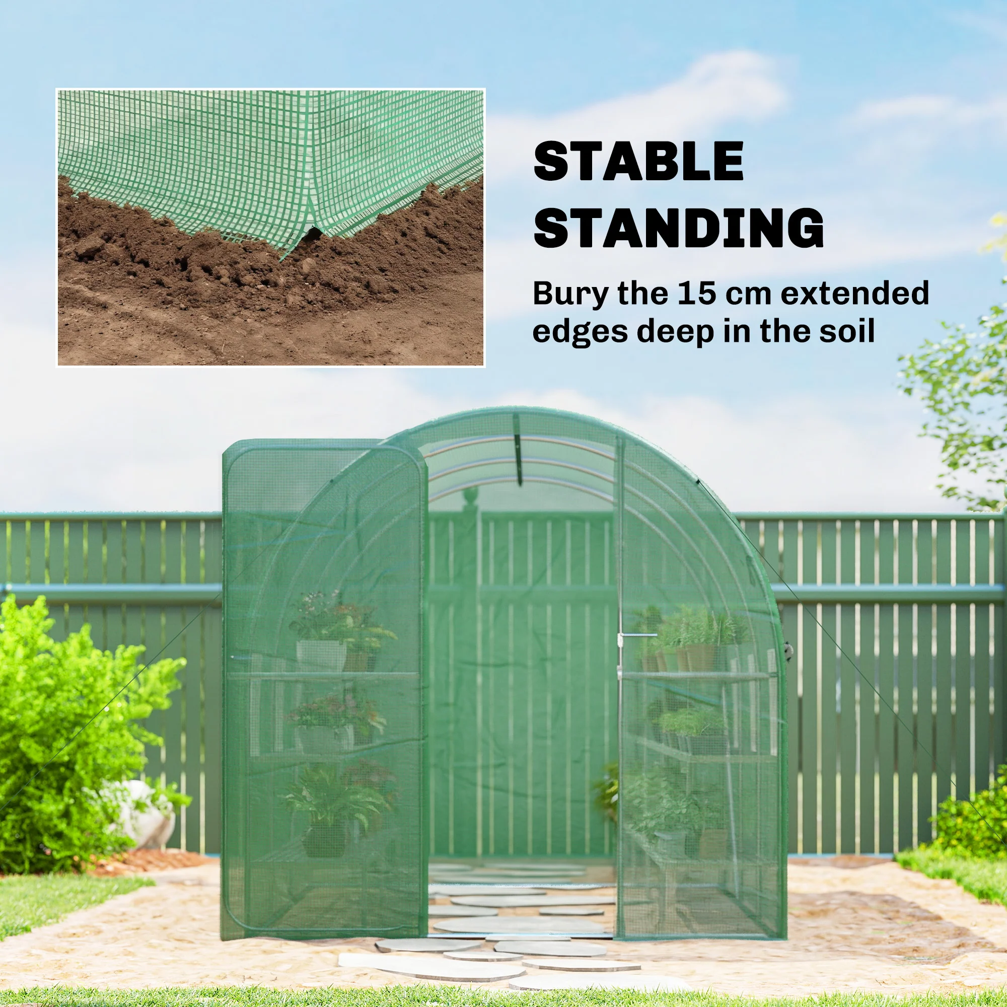 7' x 10' Walk-in Polytunnel Greenhouse with Hinged Door & 6 Mesh Windows - Image 10