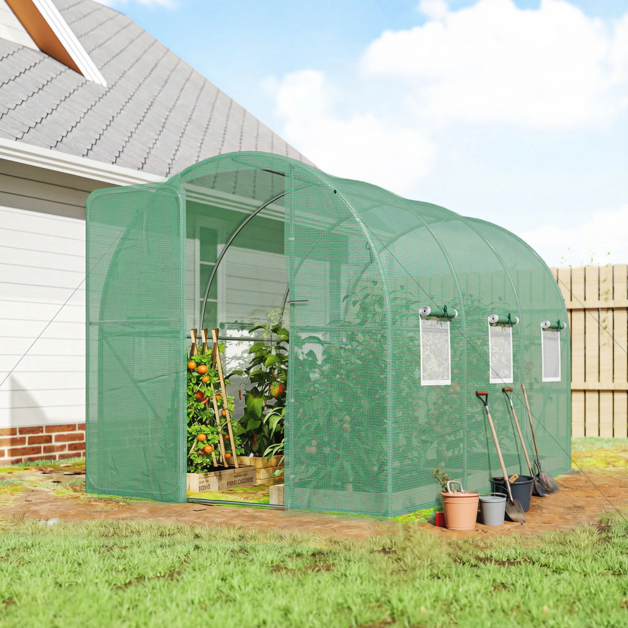 7' x 10' Walk-in Polytunnel Greenhouse with Hinged Door & 6 Mesh Windows - Image 3