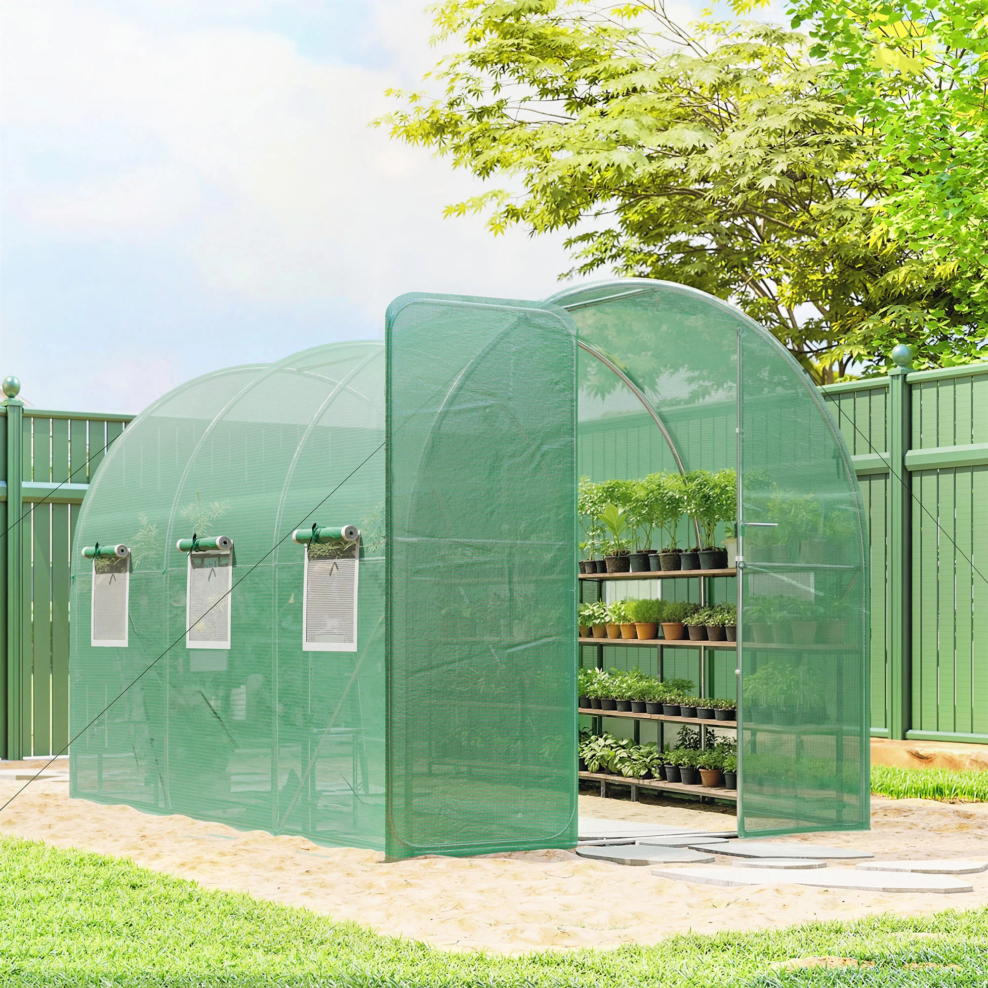 7' x 10' Walk-in Polytunnel Greenhouse with Hinged Door & 6 Mesh Windows - Image 4