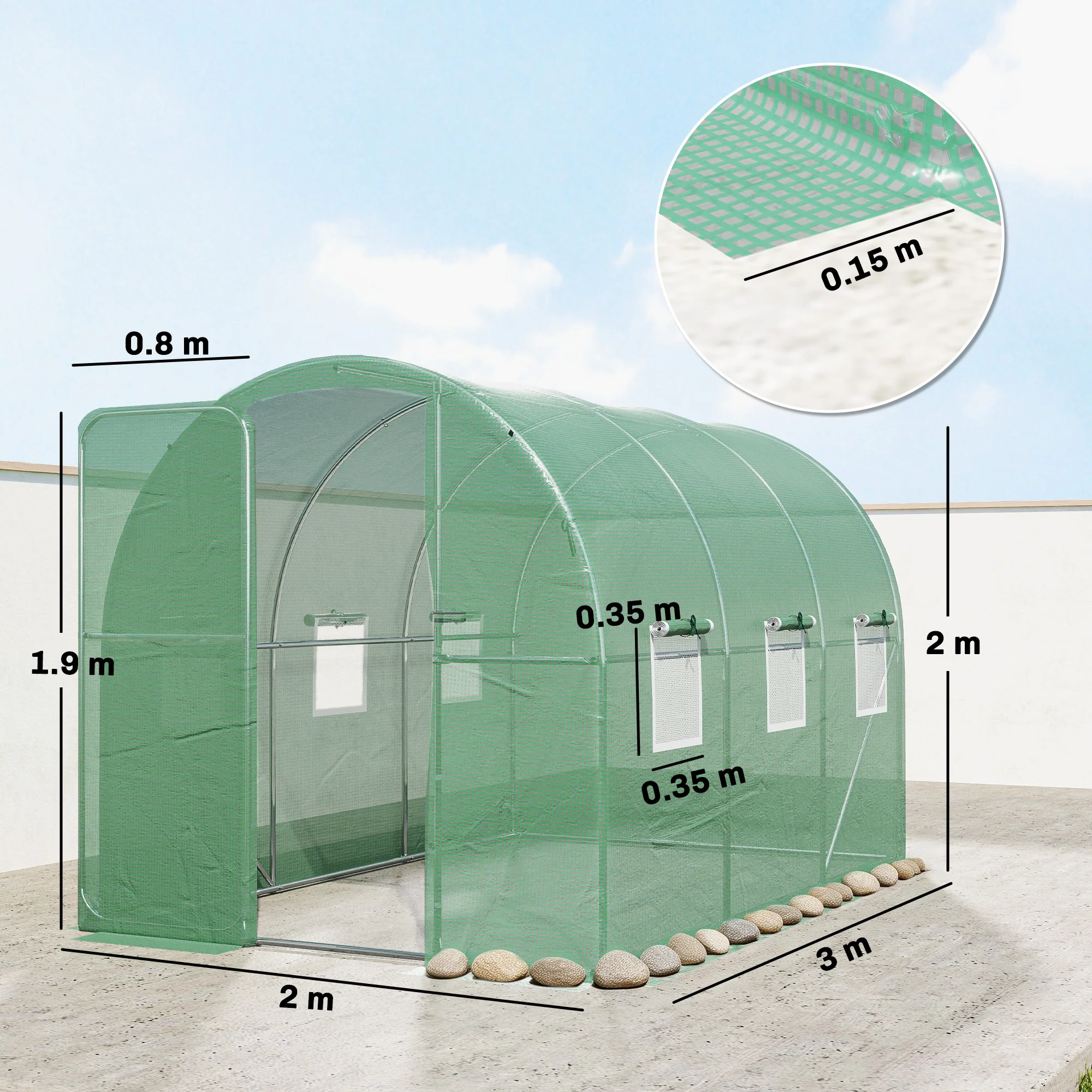7' x 10' Walk-in Polytunnel Greenhouse with Hinged Door & 6 Mesh Windows - Image 5