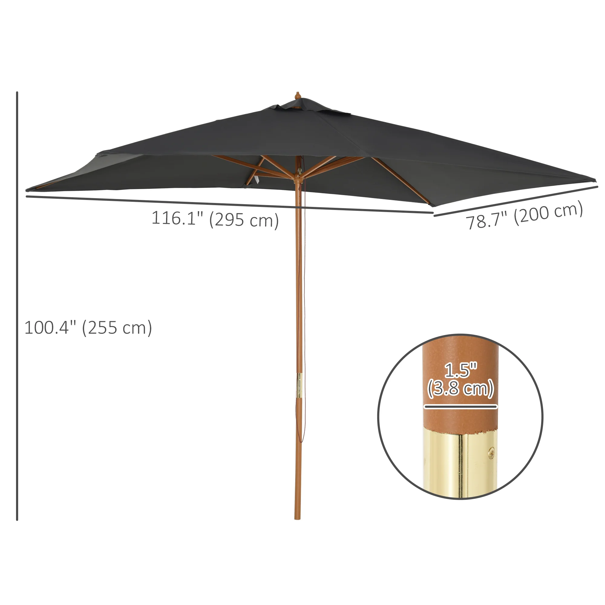 7' x 10' Wooden Patio Umbrella with Top Vent, Dark Grey - Image 5