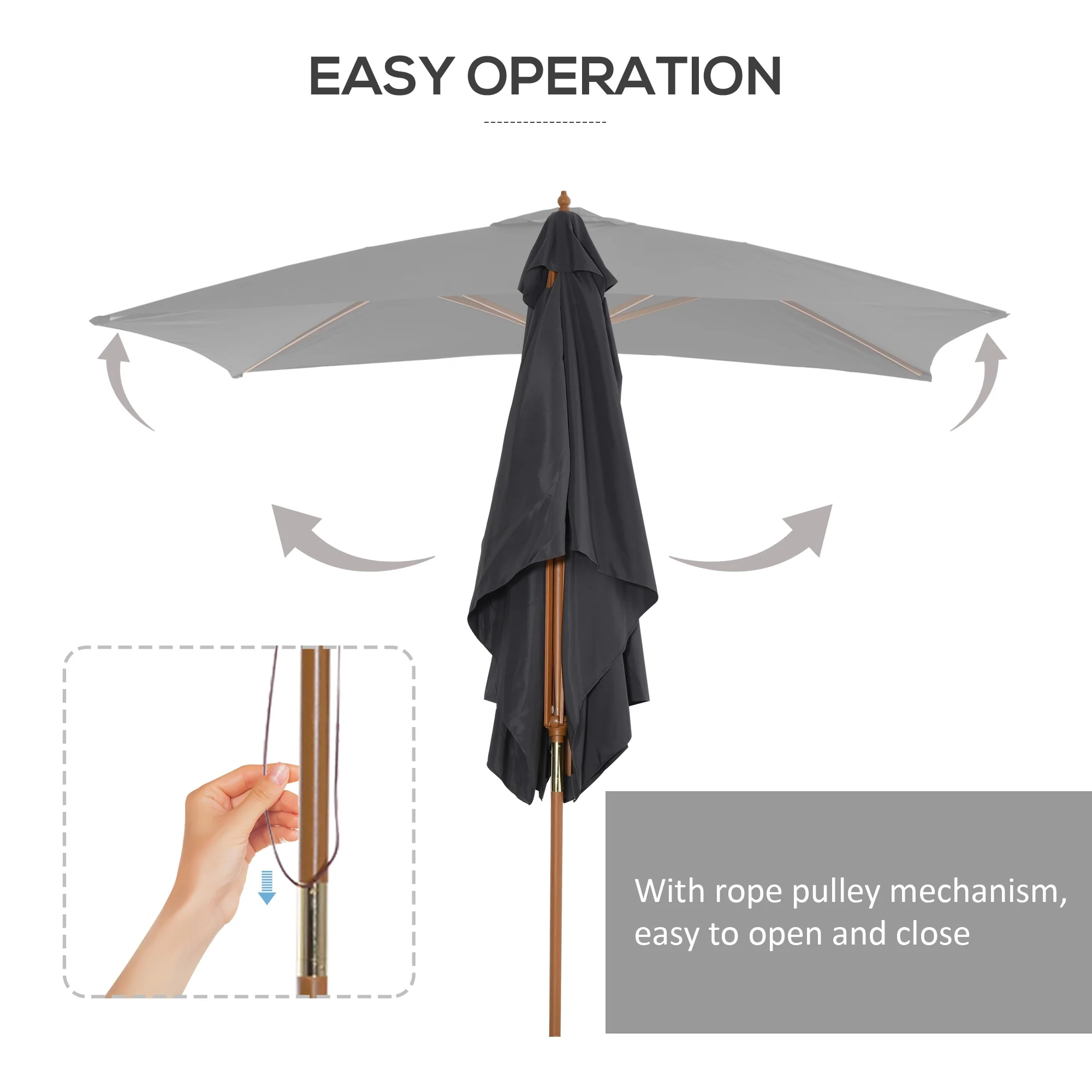 7' x 10' Wooden Patio Umbrella with Top Vent, Dark Grey - Image 8