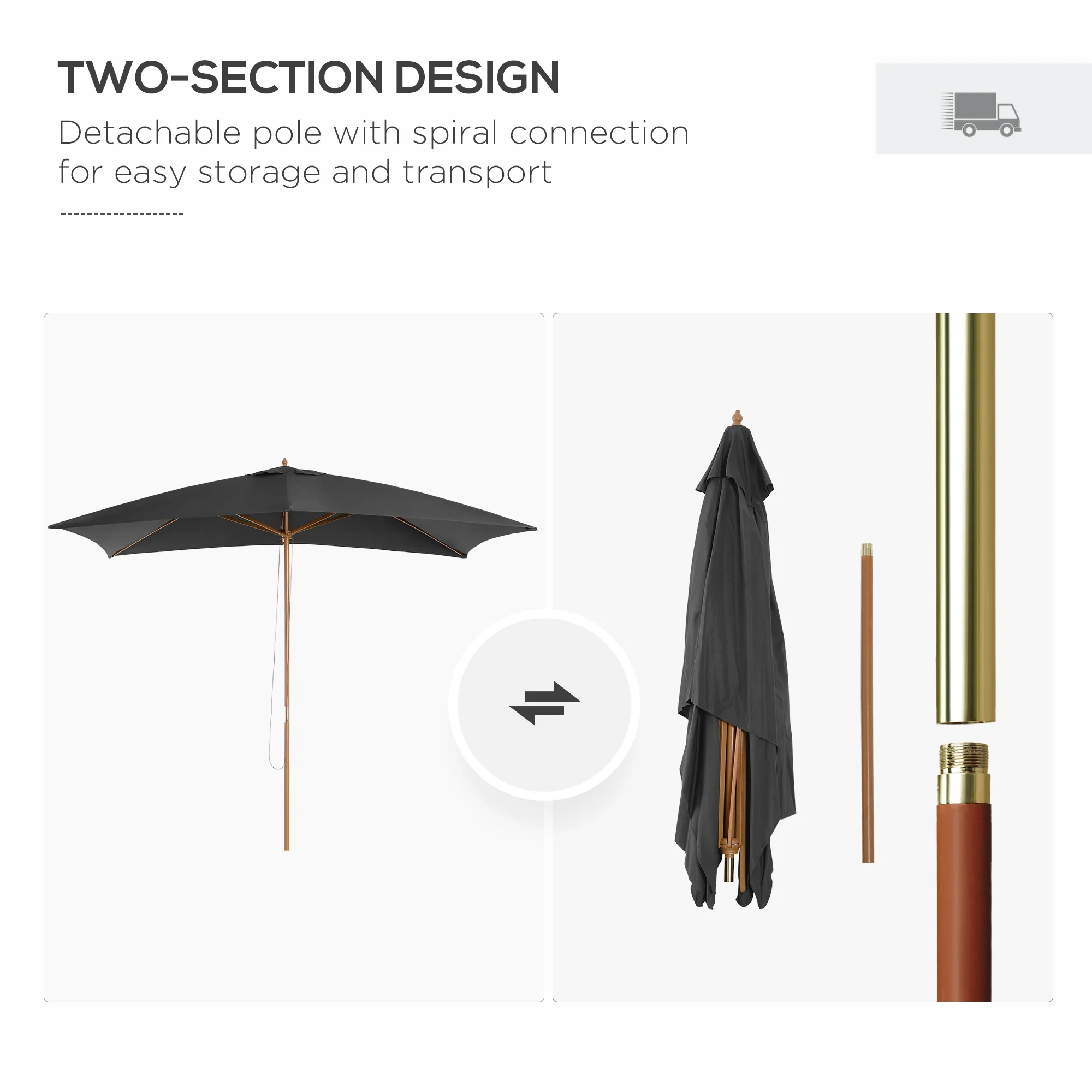 7' x 10' Wooden Patio Umbrella with Top Vent, Dark Grey - Image 9