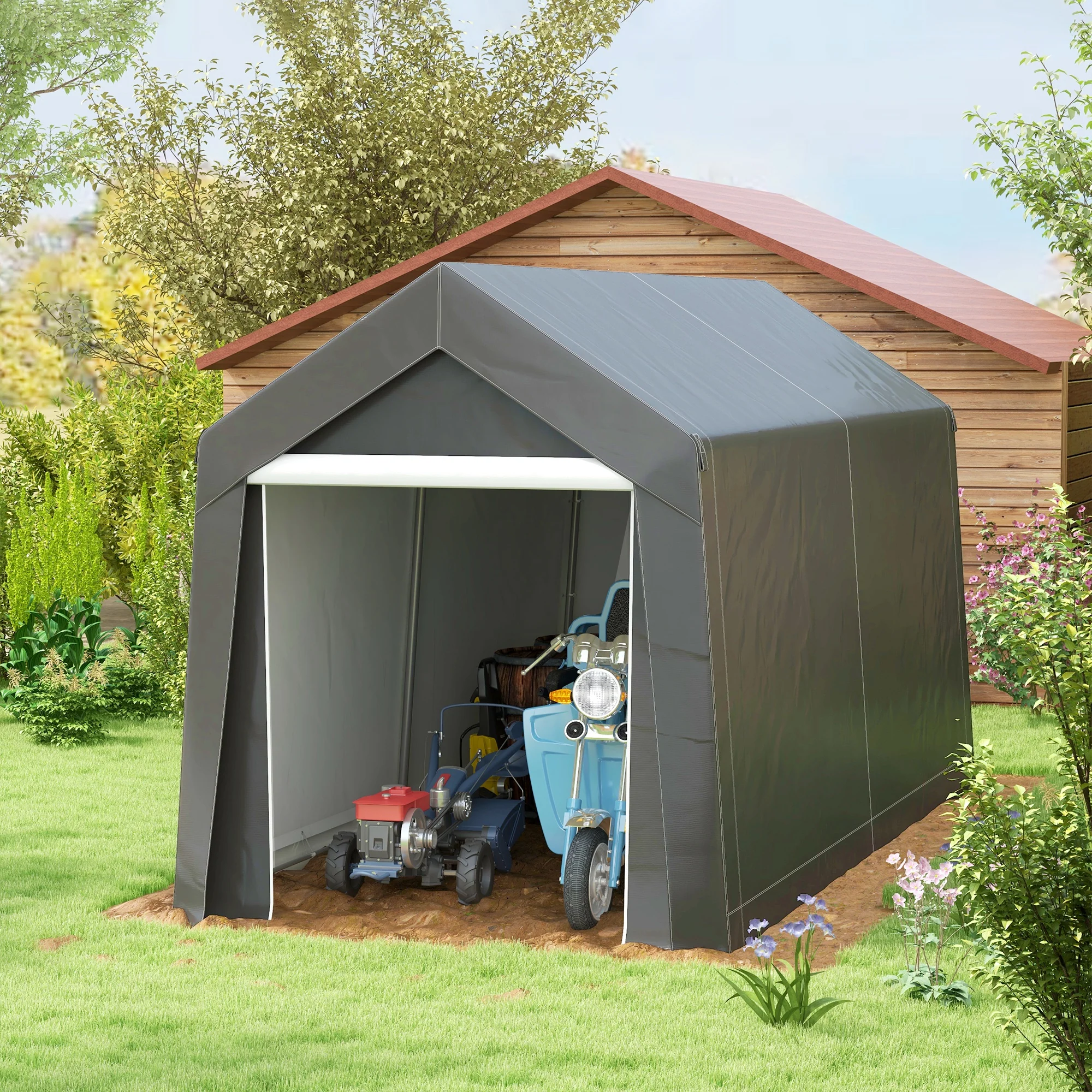 7' x 12' Portable Shed with Galvanized Frame & Roll-up Door, Dark Grey - Image 3