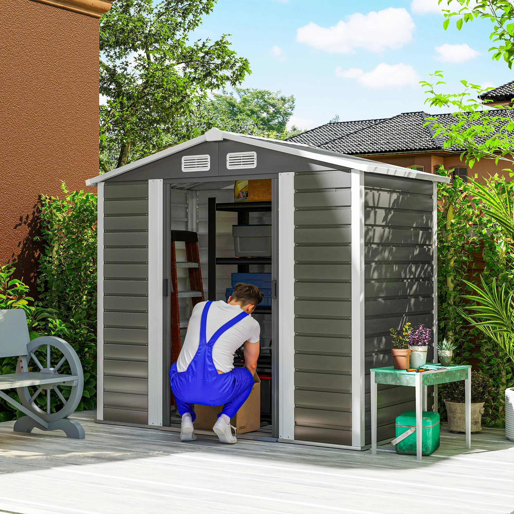 7' x 4' Upgraded Outdoor Storage Shed with Foundation Kit & Double Doors with Lock, Easy to Assemble, Dark Grey - Image 3