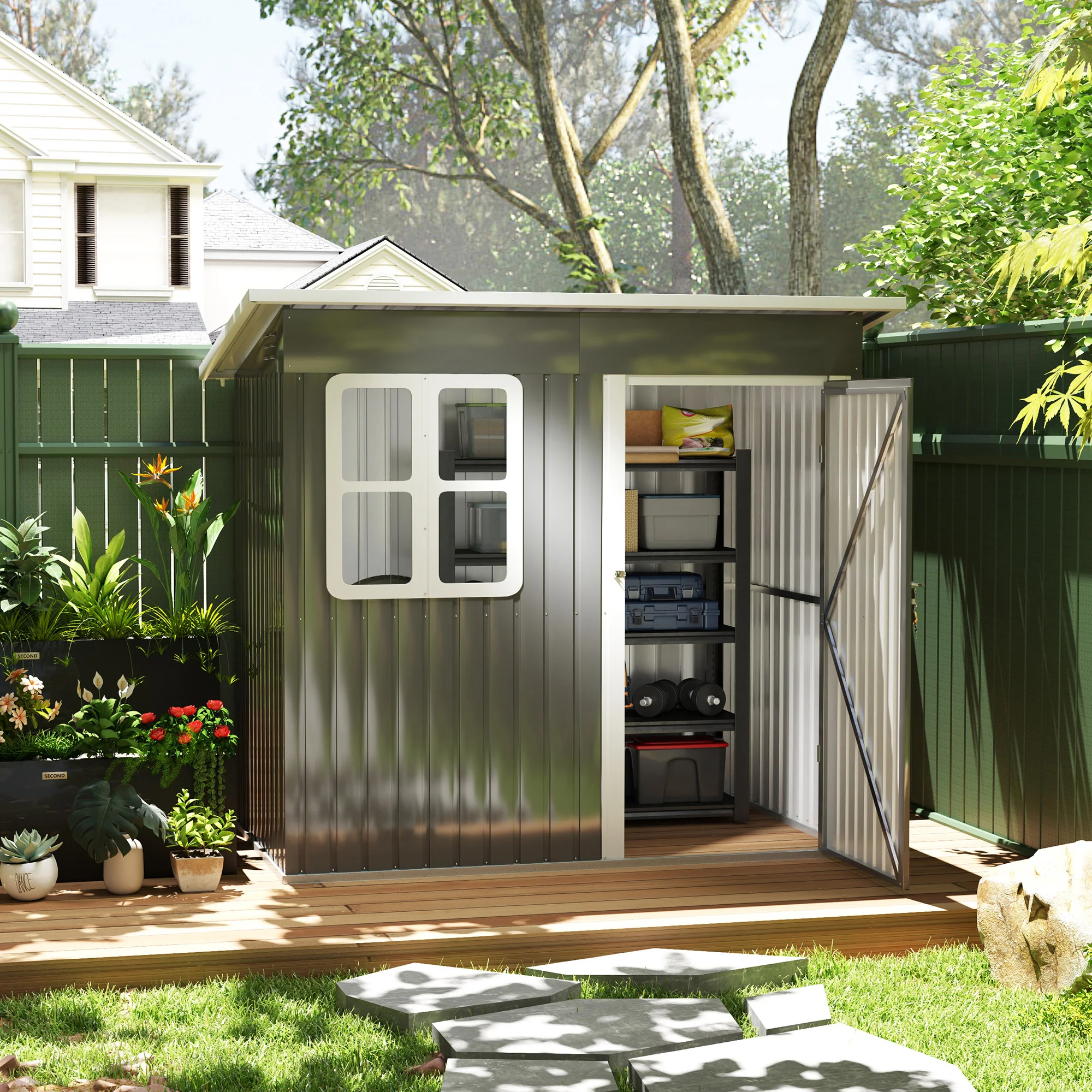 7' x 4' Galvanized Steel Storage Shed - All-Season Winter Ready with Window, Dark Grey - Image 3