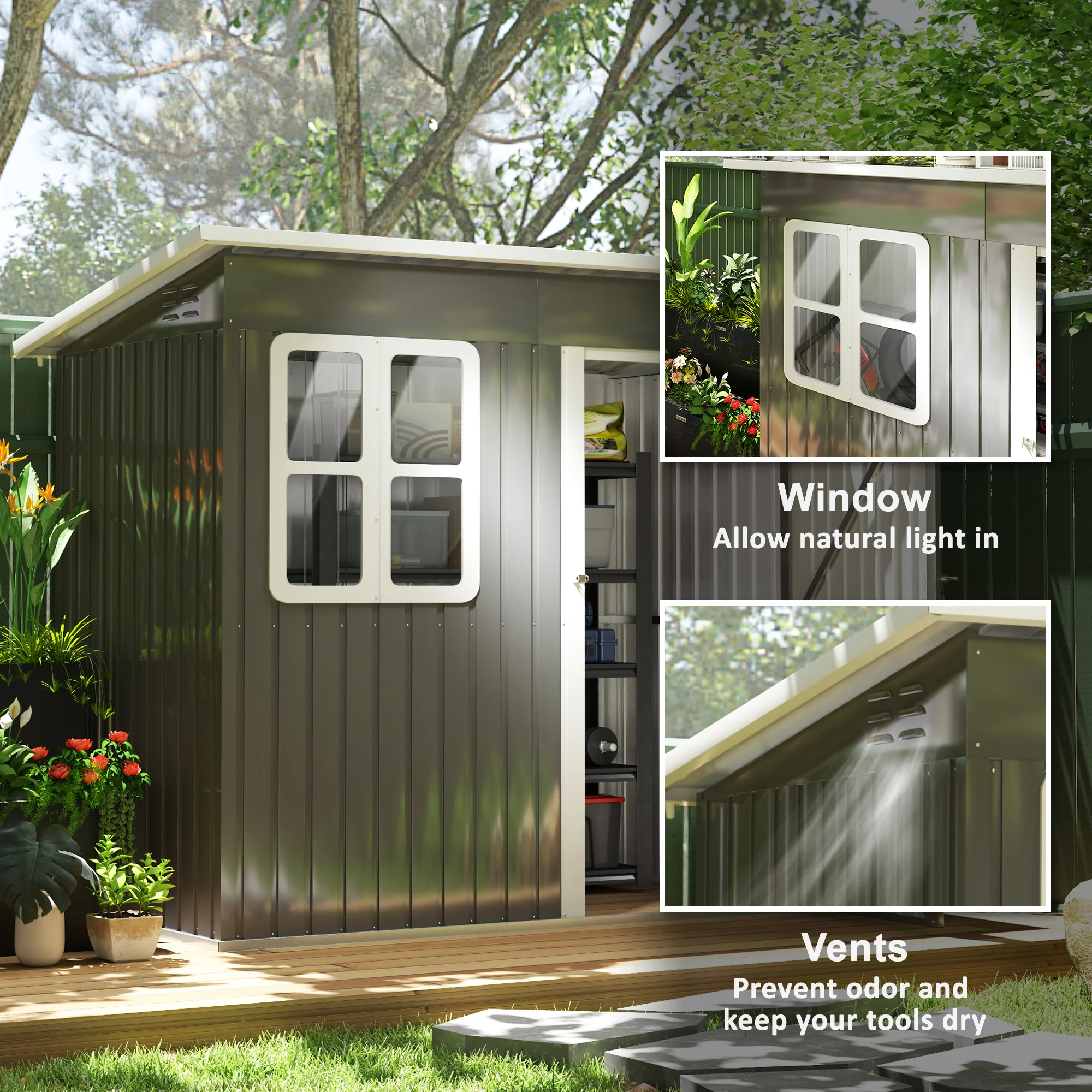 7' x 4' Galvanized Steel Storage Shed - All-Season Winter Ready with Window, Dark Grey - Image 7