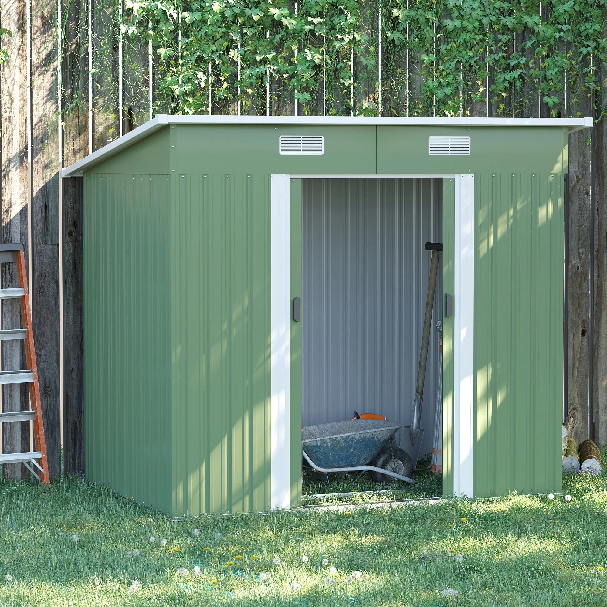 7' x 4' Metal Storage Shed with Lockable Double Doors & Foundation Kit, Light Green - Image 3