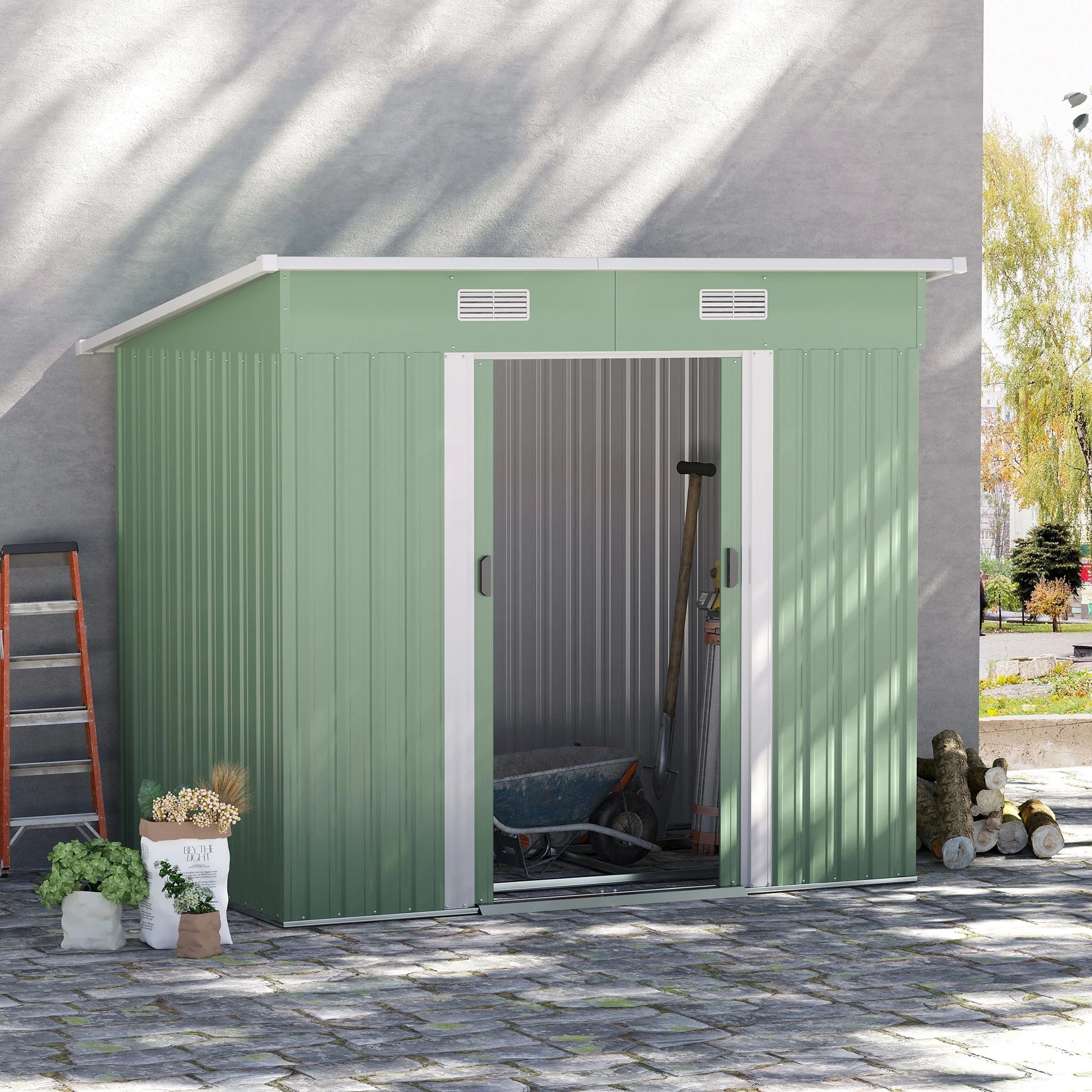7' x 4' Metal Storage Shed with Lockable Double Doors & Foundation Kit, Light Green - Image 4