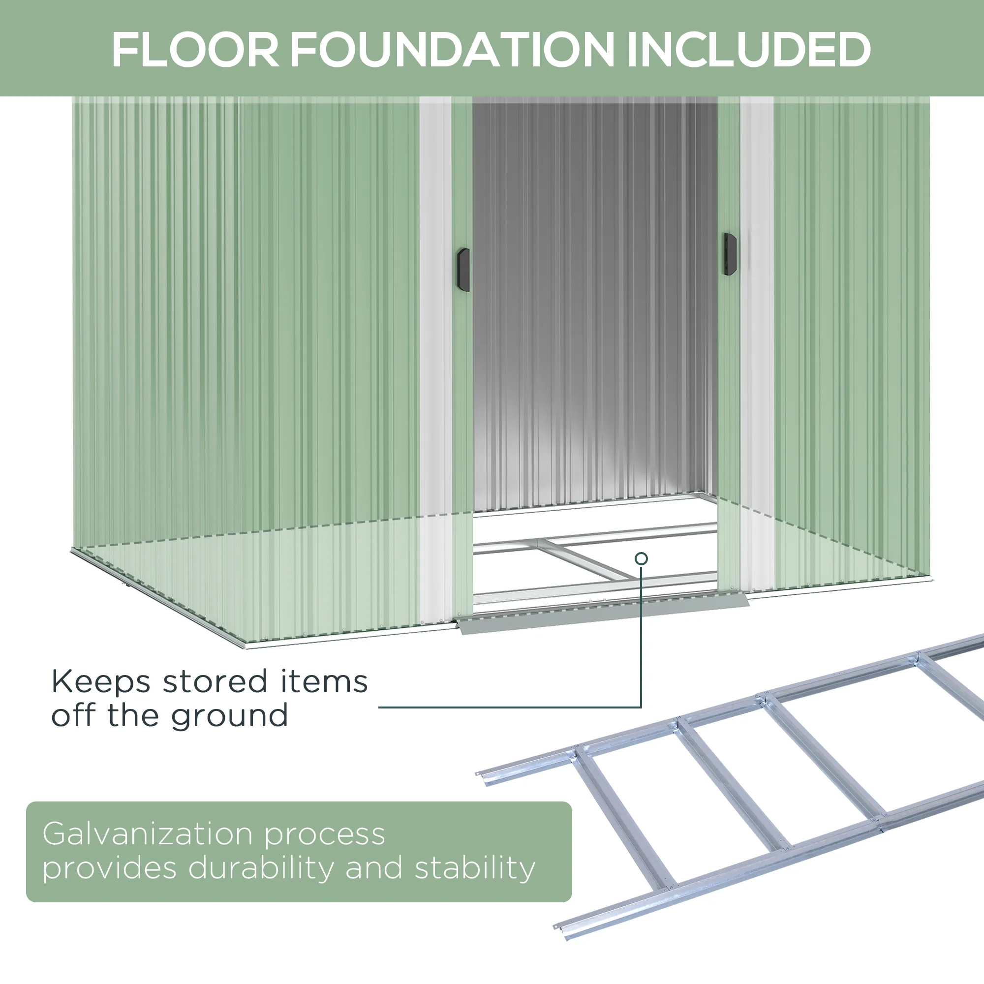 7' x 4' Metal Storage Shed with Lockable Double Doors & Foundation Kit, Light Green - Image 6