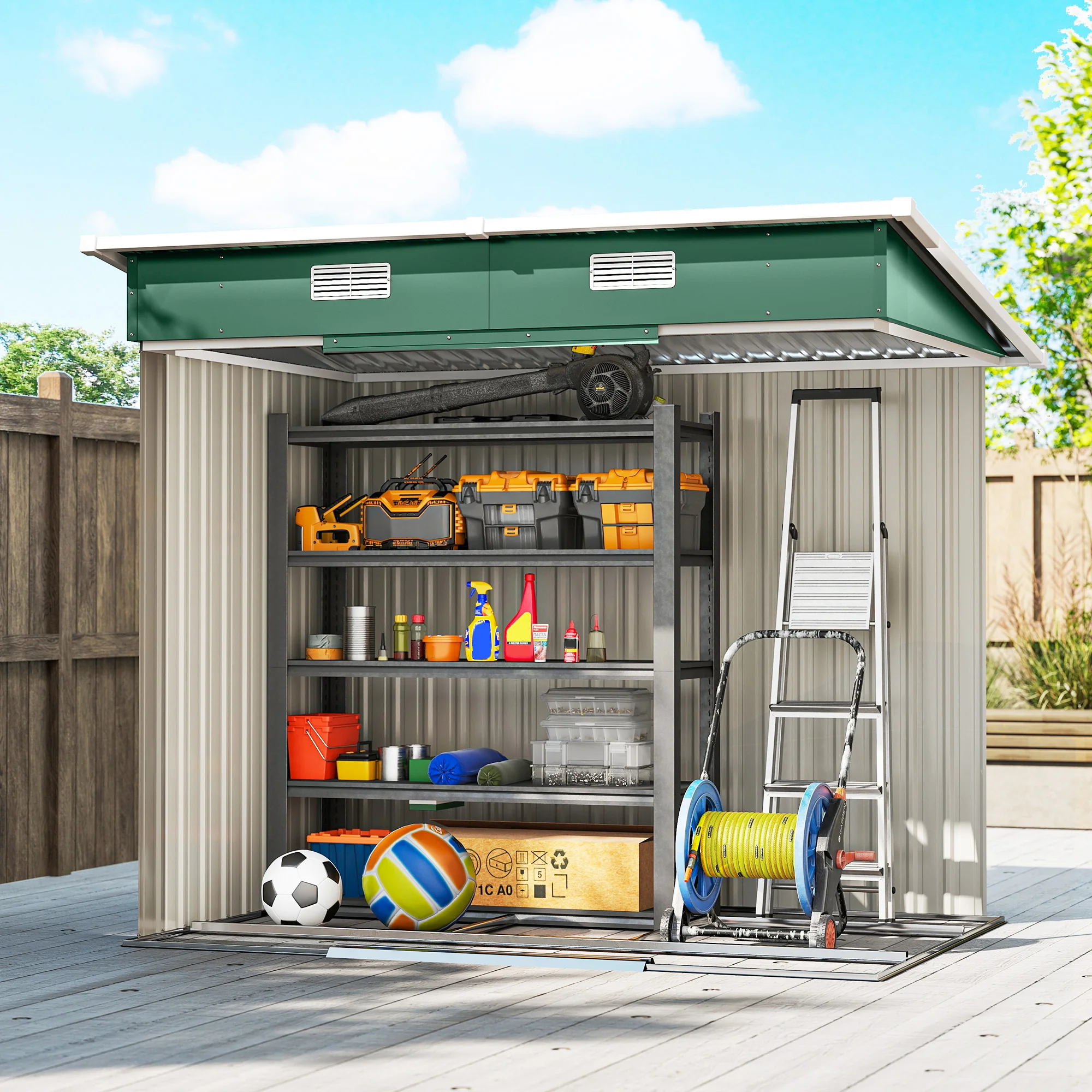 7' x 4' Outdoor Storage Shed with Lockable Double Doors, Green - Image 10