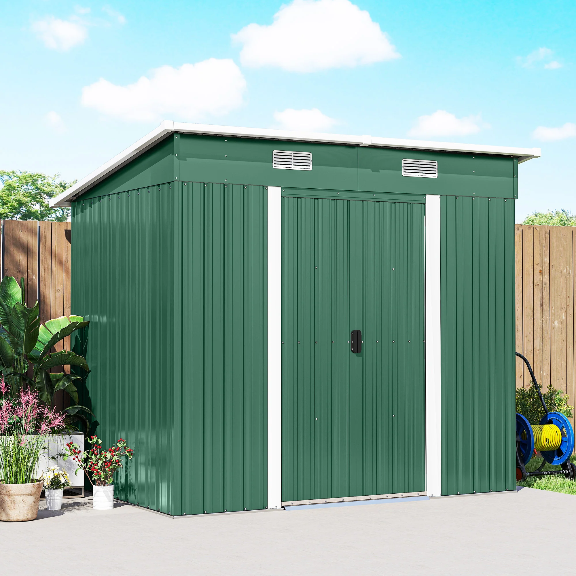7' x 4' Outdoor Storage Shed with Lockable Double Doors, Green - Image 11
