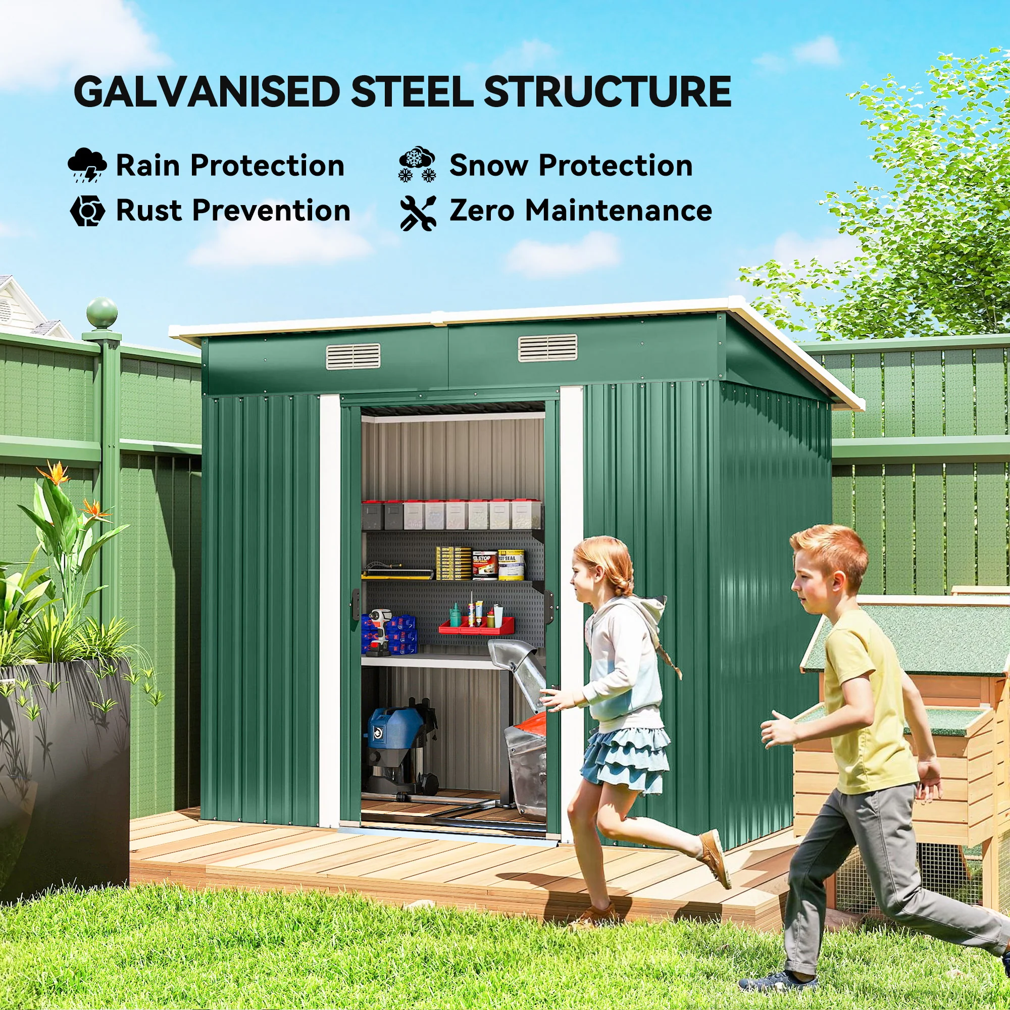 7' x 4' Outdoor Storage Shed with Lockable Double Doors, Green - Image 6