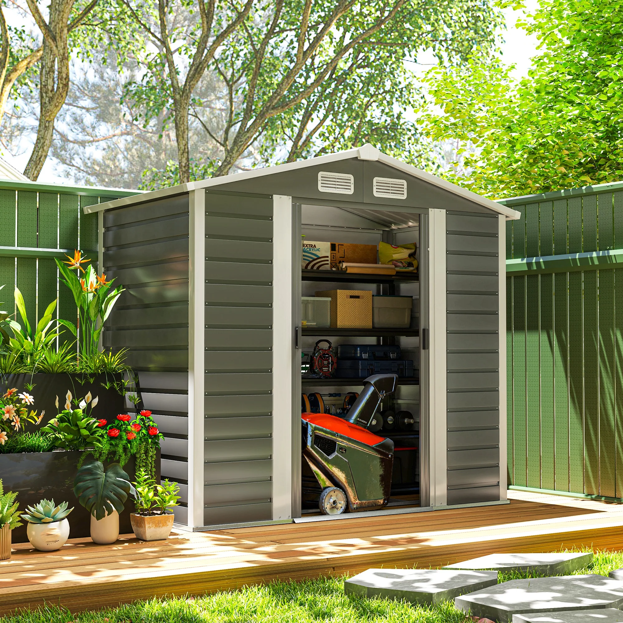 EverBase 7 x 4ft Garden Storage Shed with Upgraded Steel Frame and Double Doors with Lock, Dark Grey - Image 2