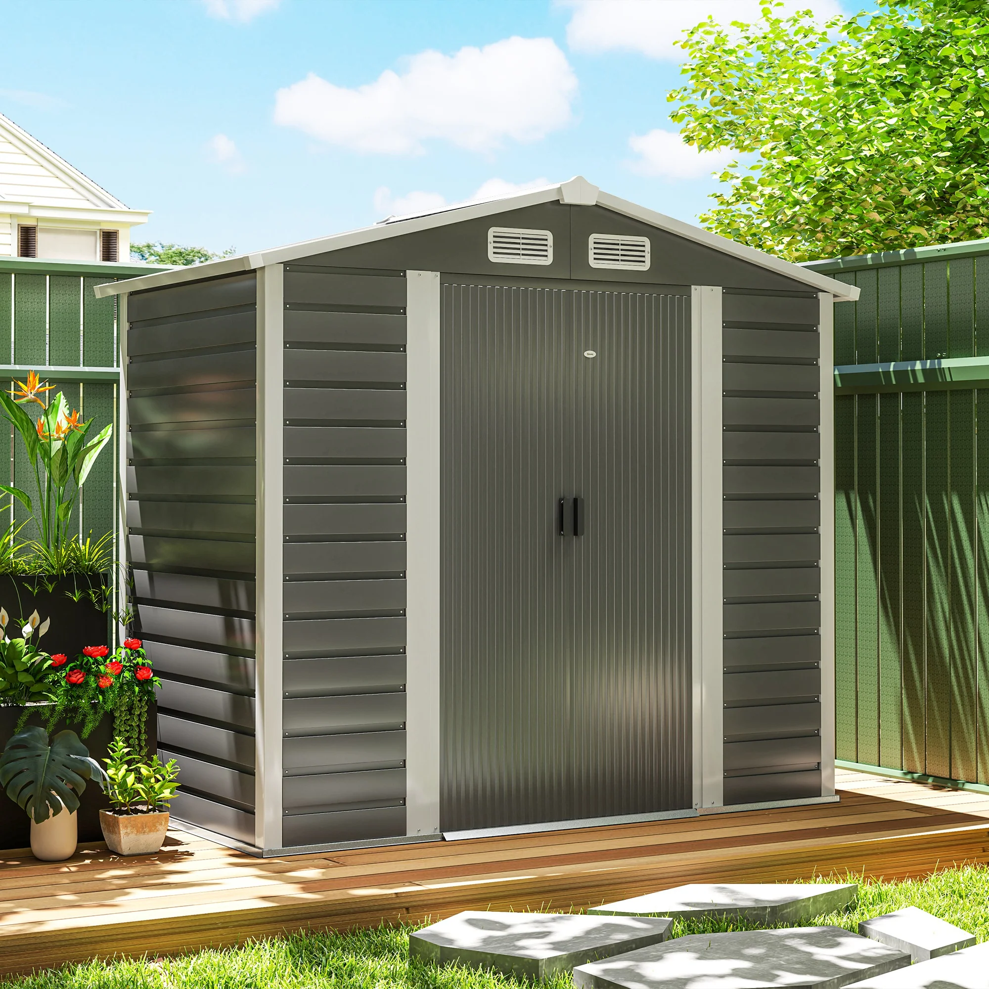 EverBase 7 x 4ft Garden Storage Shed with Upgraded Steel Frame and Double Doors with Lock, Dark Grey - Image 3
