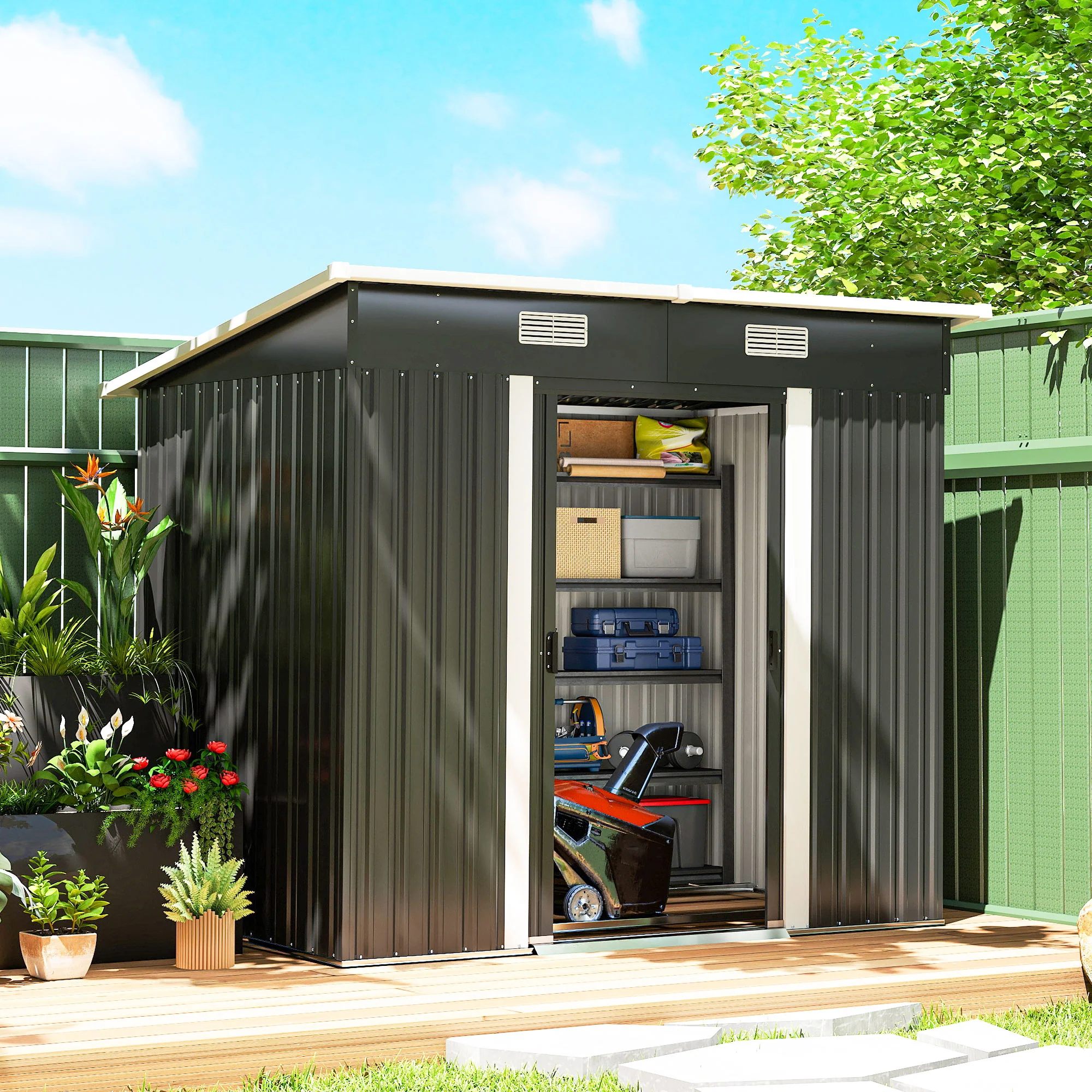 7 x 4 ft Lean-to Metal Outdoor Storage Shed with Foundation Kit, Black - Image 3
