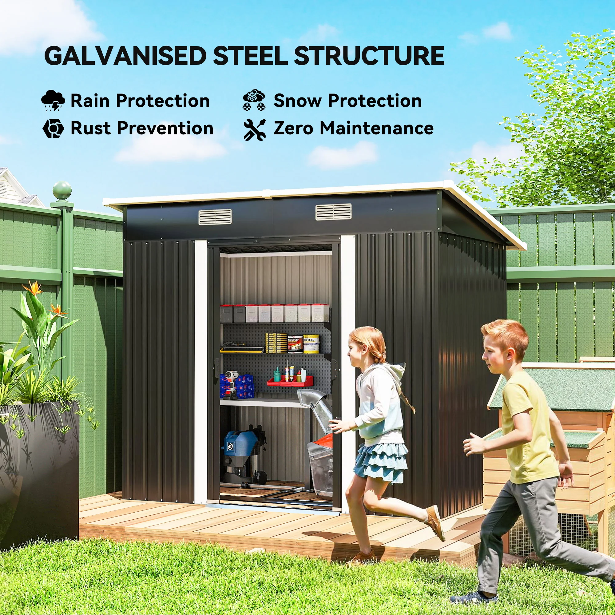 7 x 4 ft Lean-to Metal Outdoor Storage Shed with Foundation Kit, Black - Image 6
