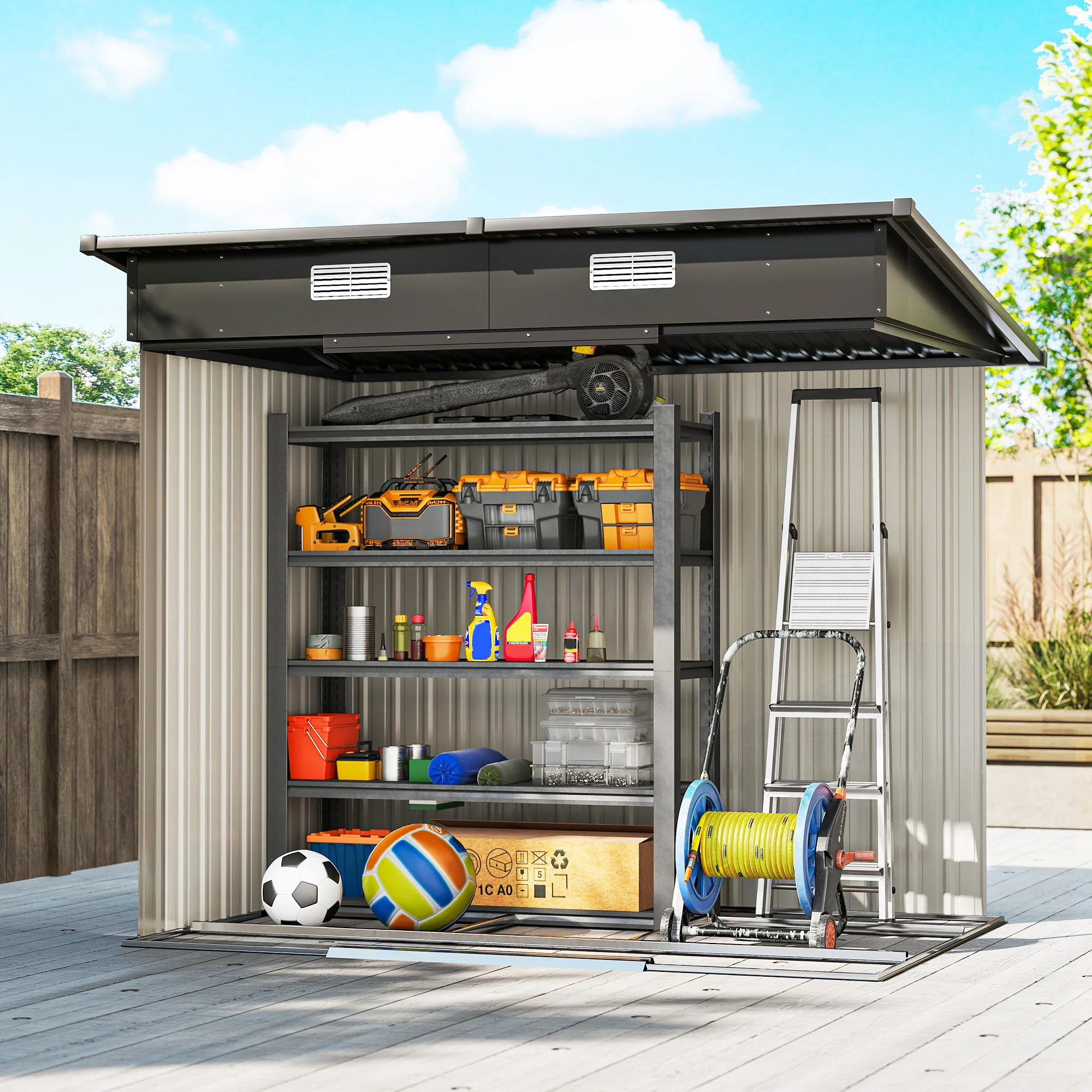 7 x 4 ft Lean-To Metal Shed with Foundation Kit for Bike & Mower, Light Grey - Image 10