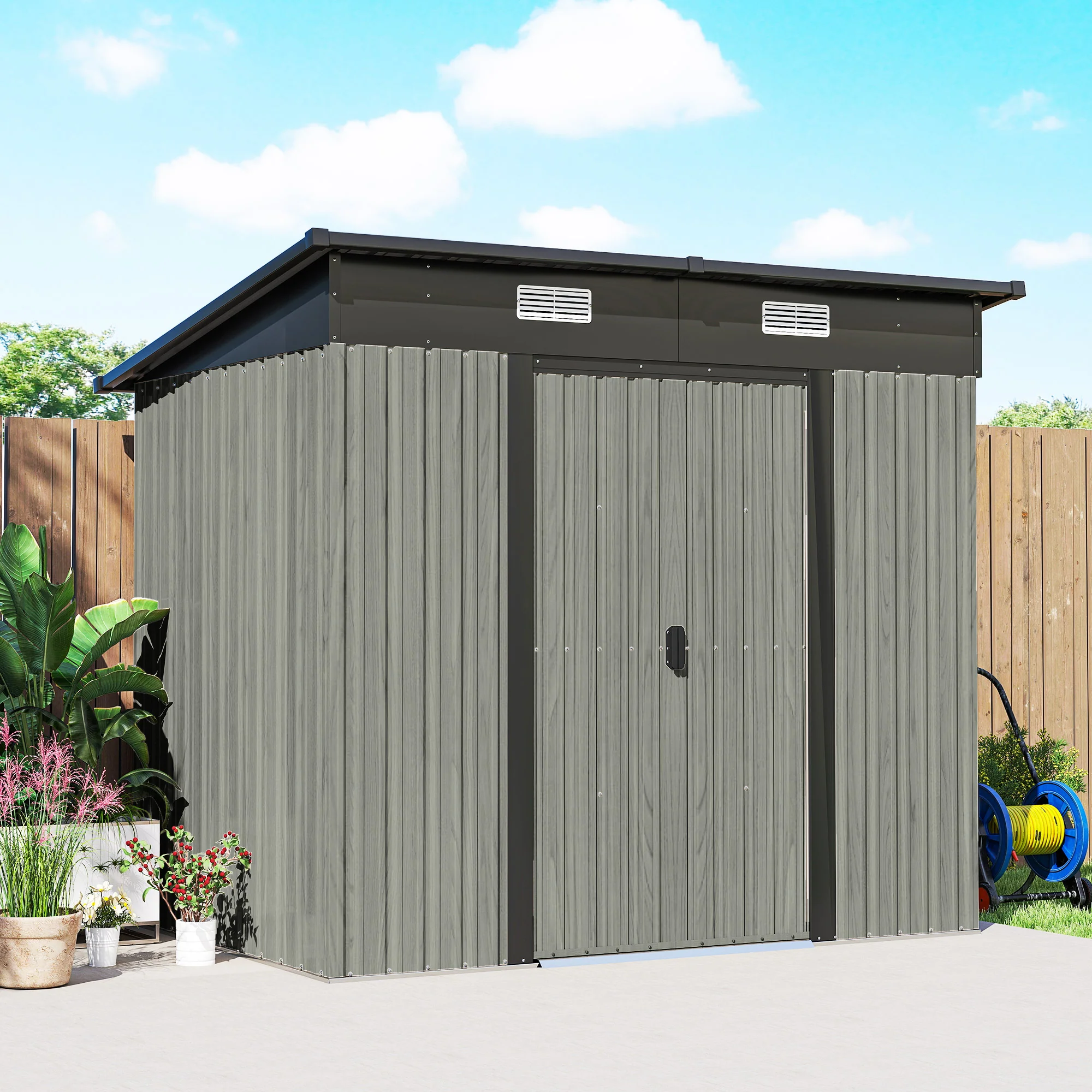 7 x 4 ft Lean-To Metal Shed with Foundation Kit for Bike & Mower, Light Grey - Image 11