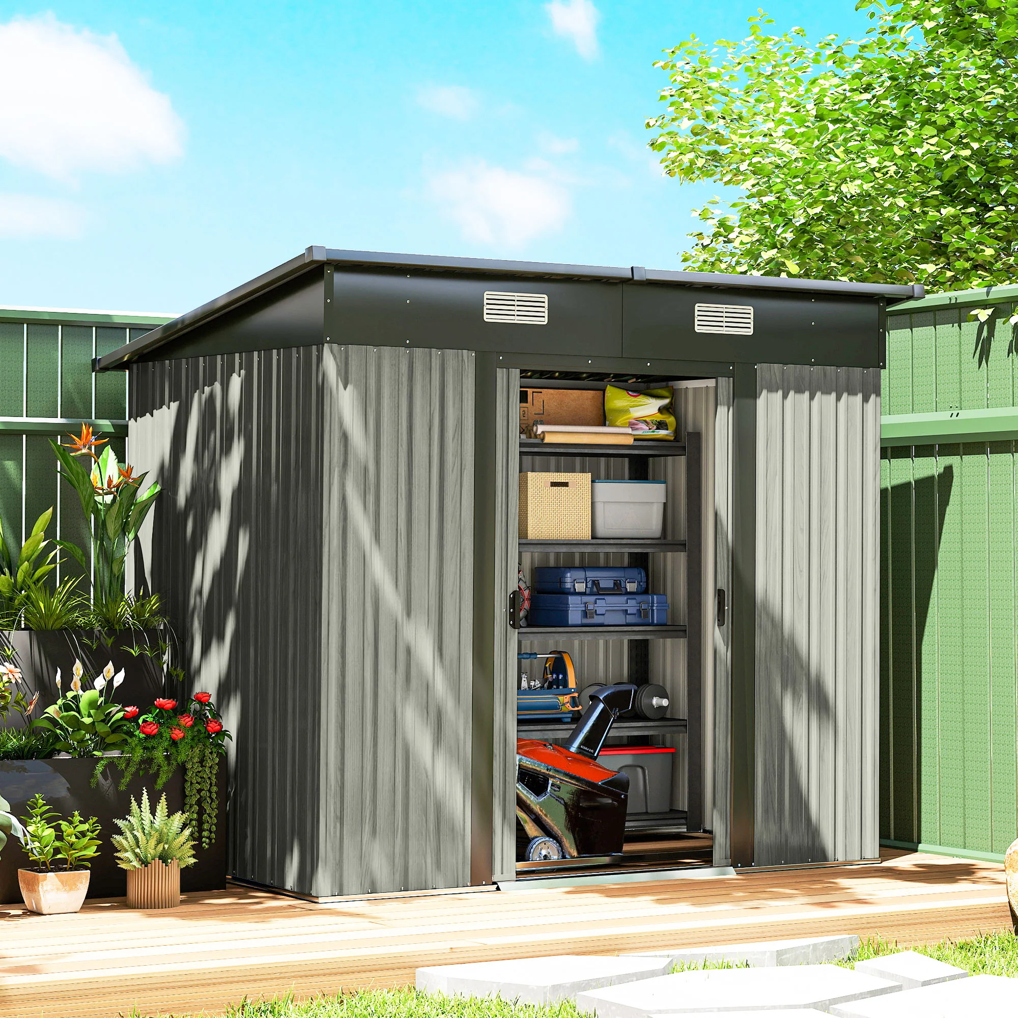 7 x 4 ft Lean-To Metal Shed with Foundation Kit for Bike & Mower, Light Grey - Image 3