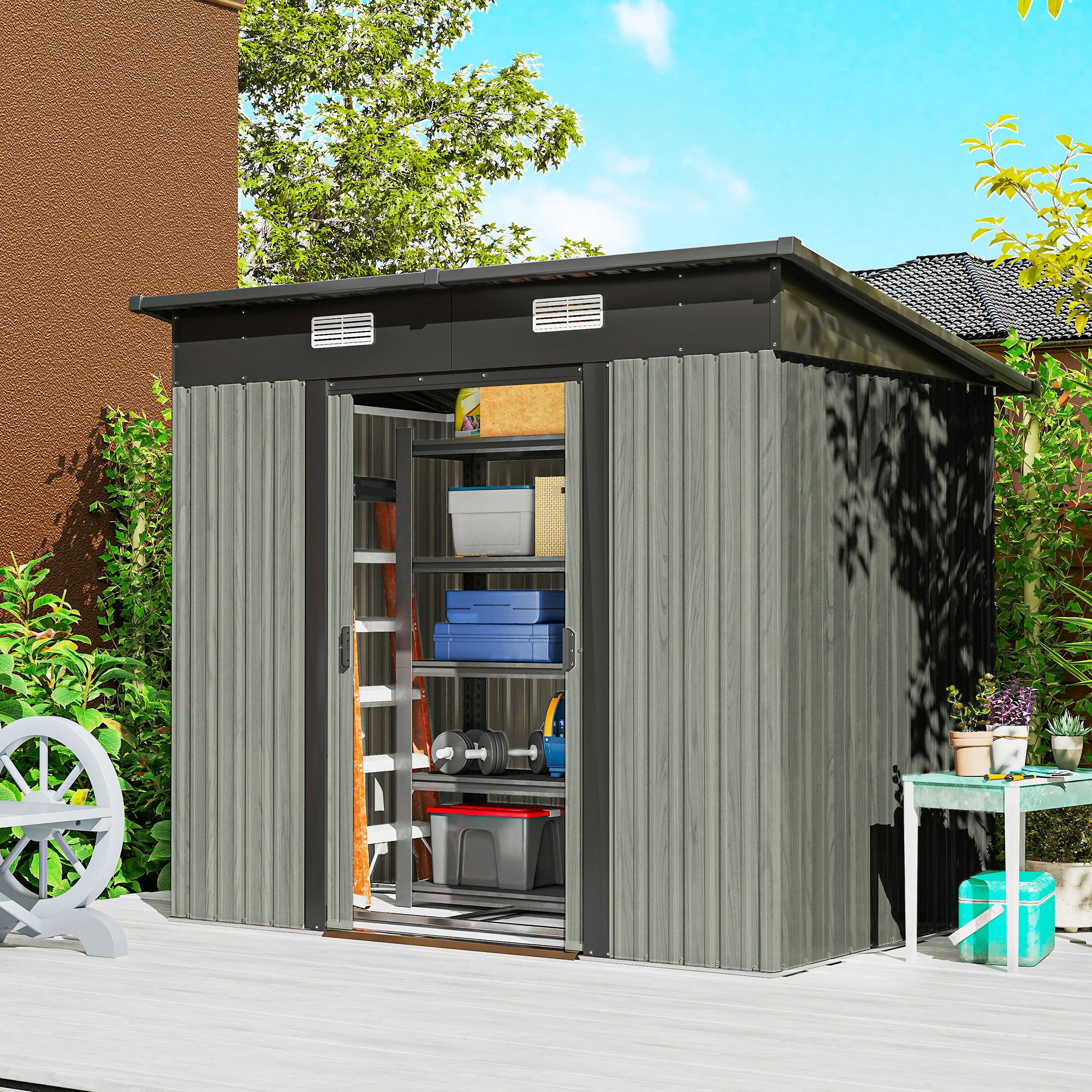 7 x 4 ft Lean-To Metal Shed with Foundation Kit for Bike & Mower, Light Grey - Image 4