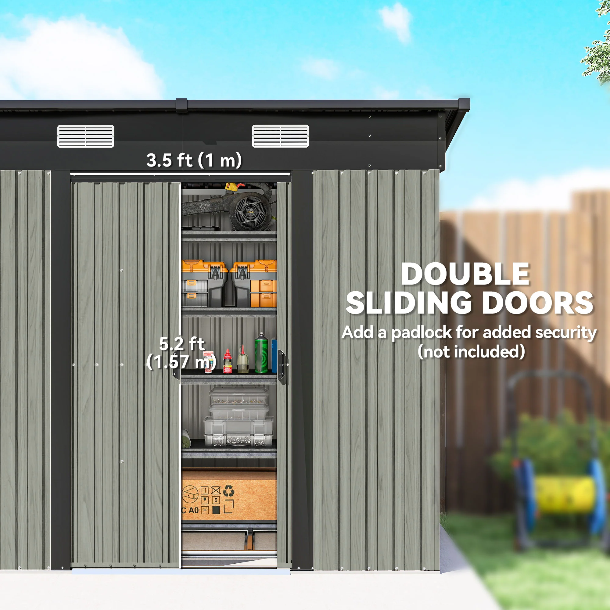 7 x 4 ft Lean-To Metal Shed with Foundation Kit for Bike & Mower, Light Grey - Image 7