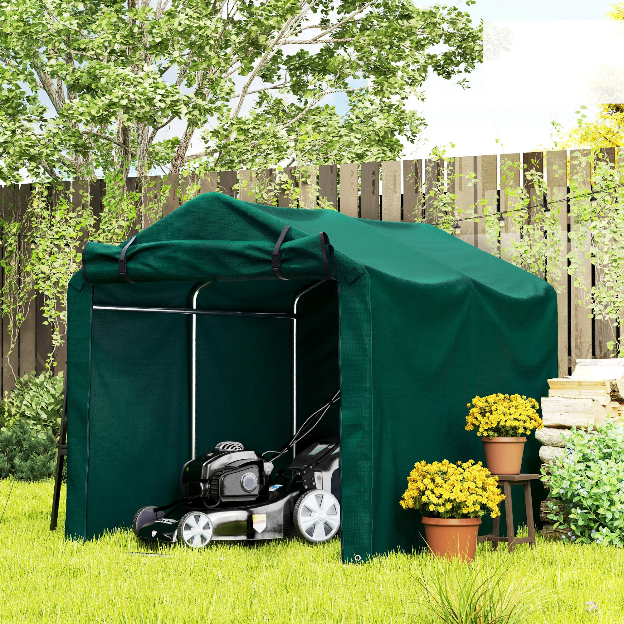 7' x 5' UV Resistant Garden Storage Tent with Roll-Up Zipper Door, Waterproof Bike Shelter, Dark Green - Image 4