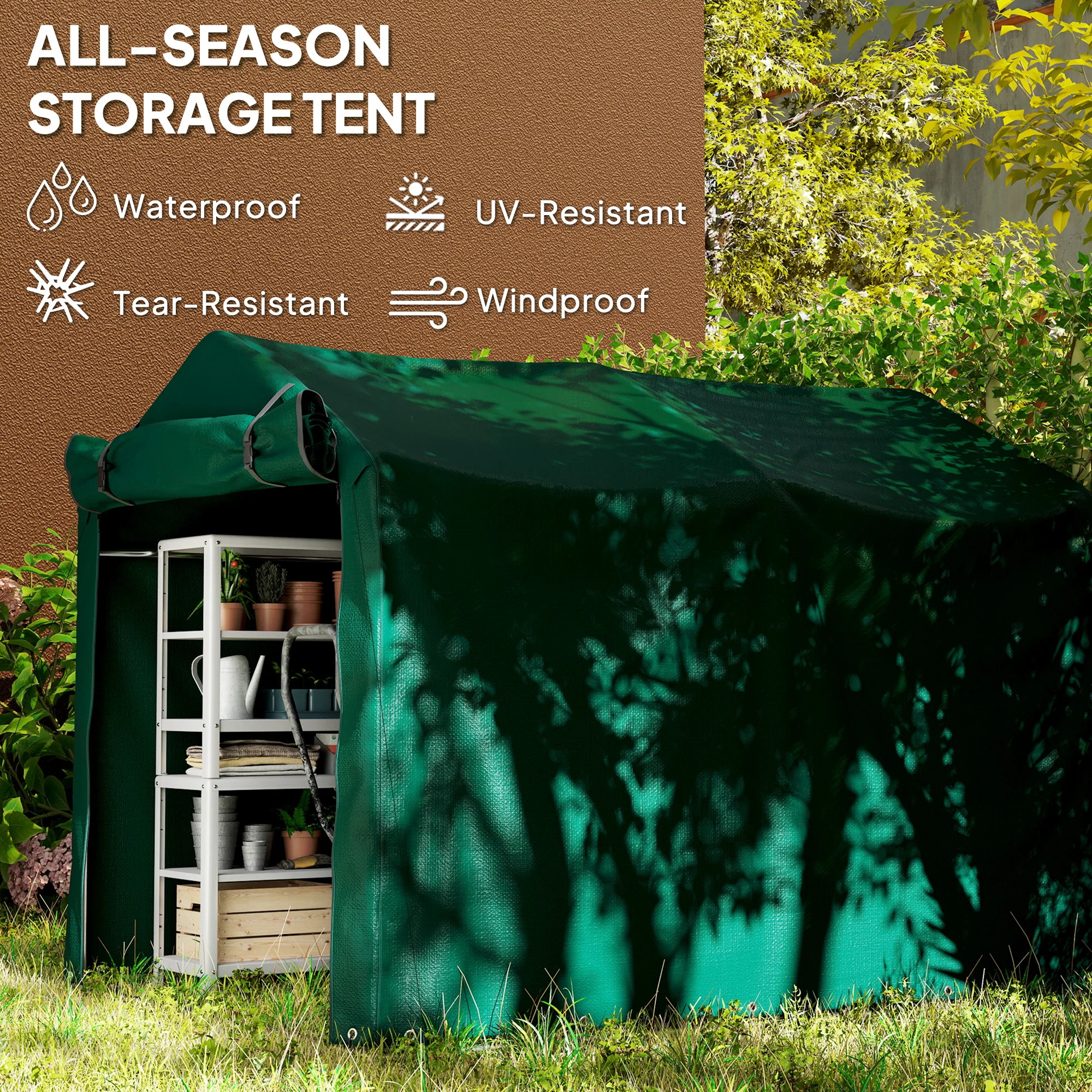 7' x 5' UV Resistant Garden Storage Tent with Roll-Up Zipper Door, Waterproof Bike Shelter, Dark Green - Image 6