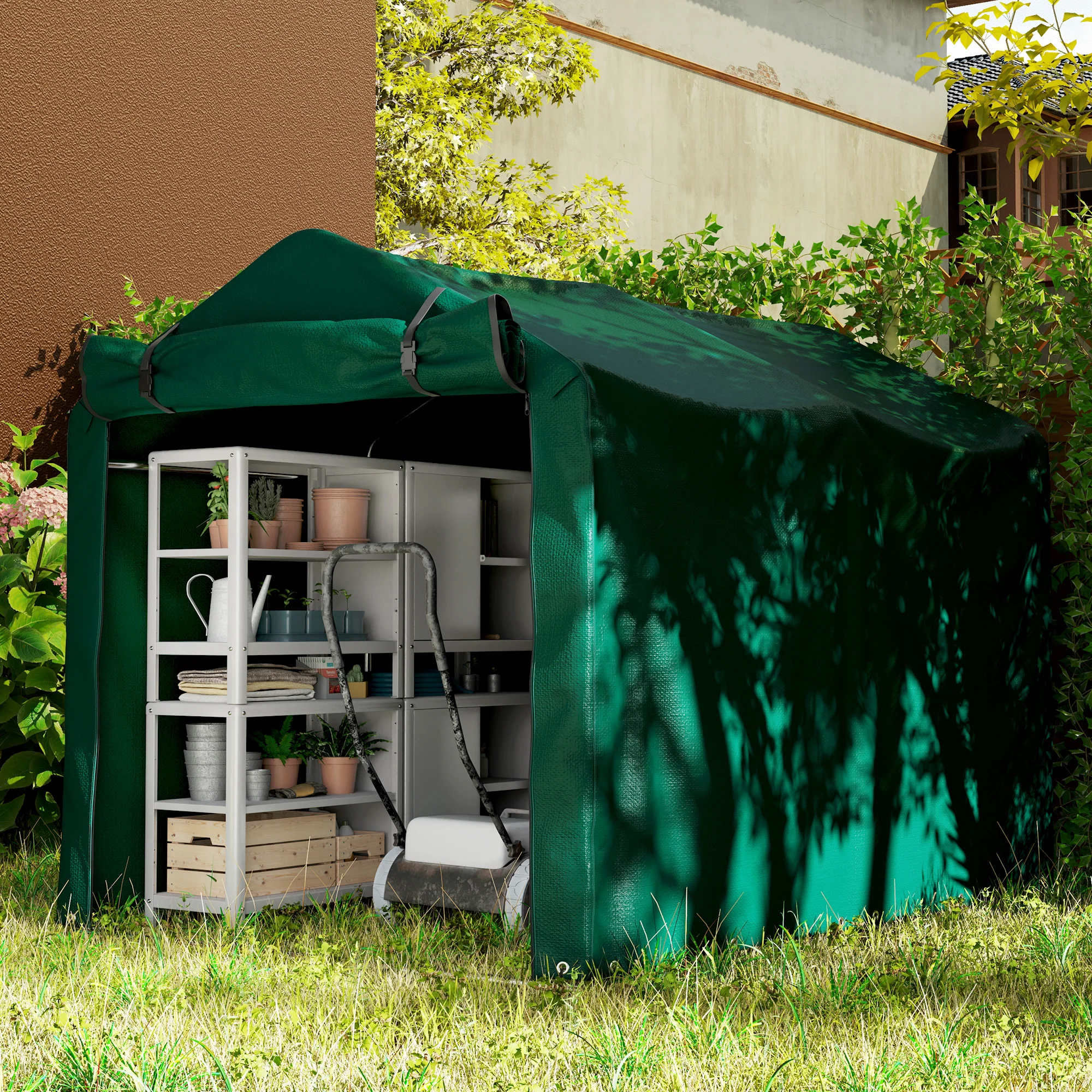 7' x 5' UV Resistant Garden Storage Tent with Roll-Up Zipper Door, Waterproof Bike Shelter, Dark Green - Image 9