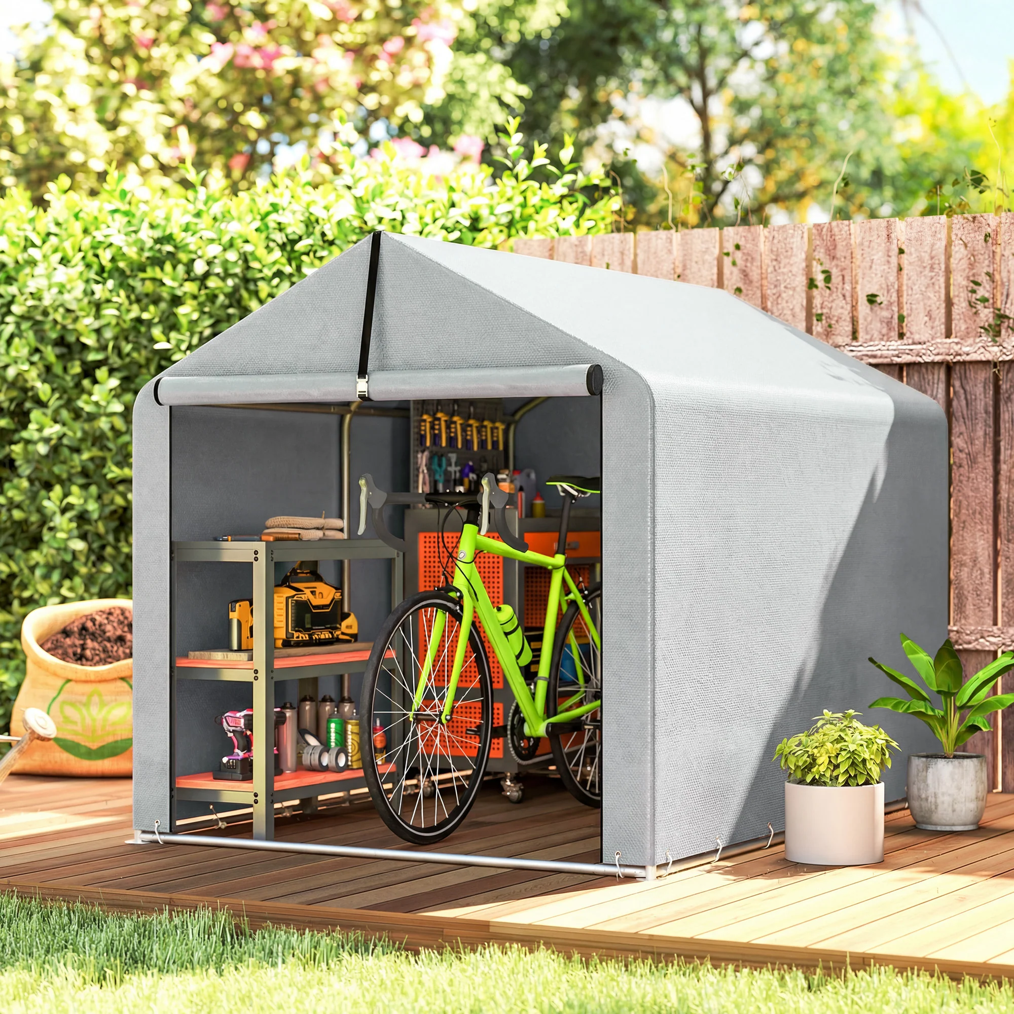 7' x 5' Portable Shed with Roll-up Zipper Door, Light Grey - Image 3
