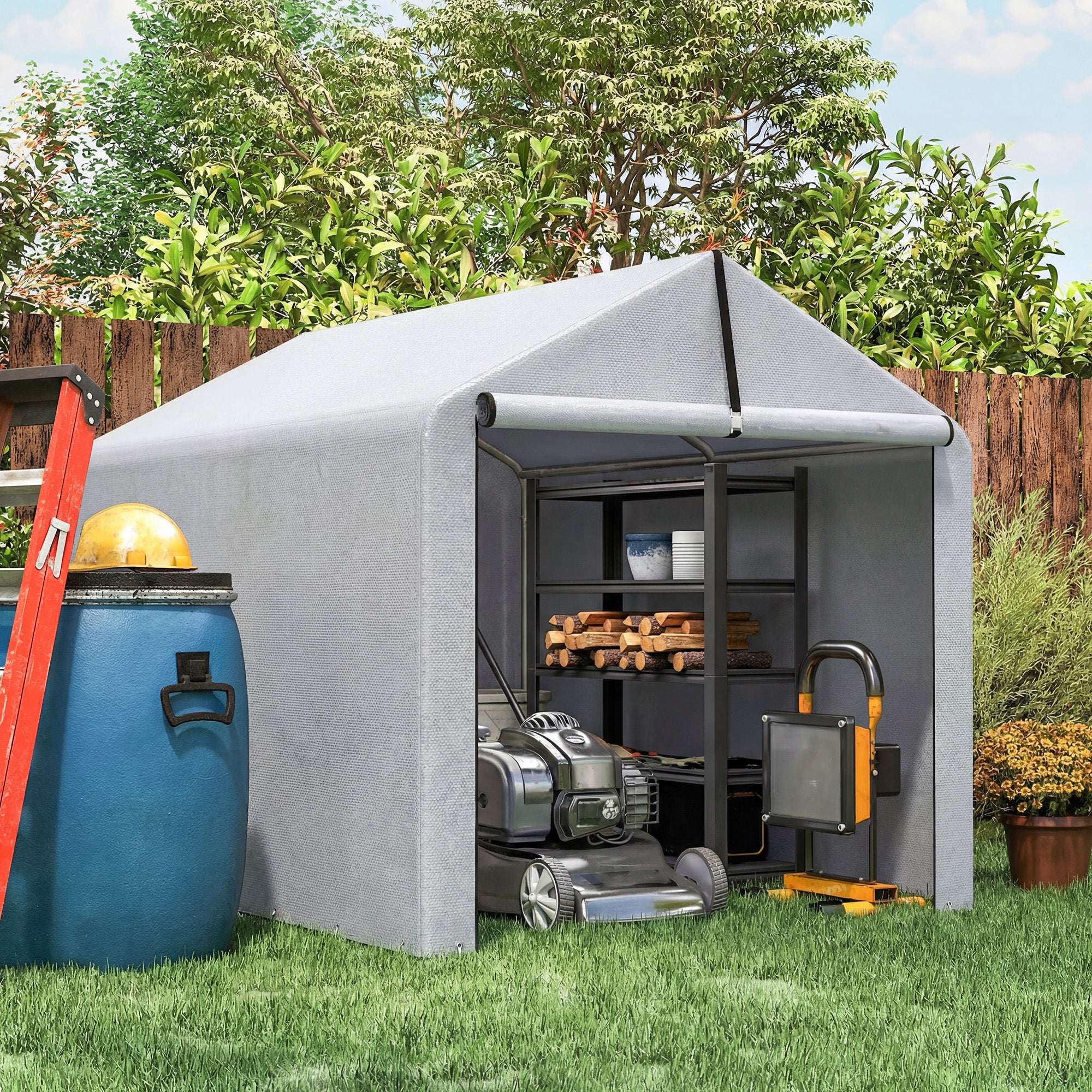 7' x 5' Portable Shed with Roll-up Zipper Door, Light Grey - Image 4