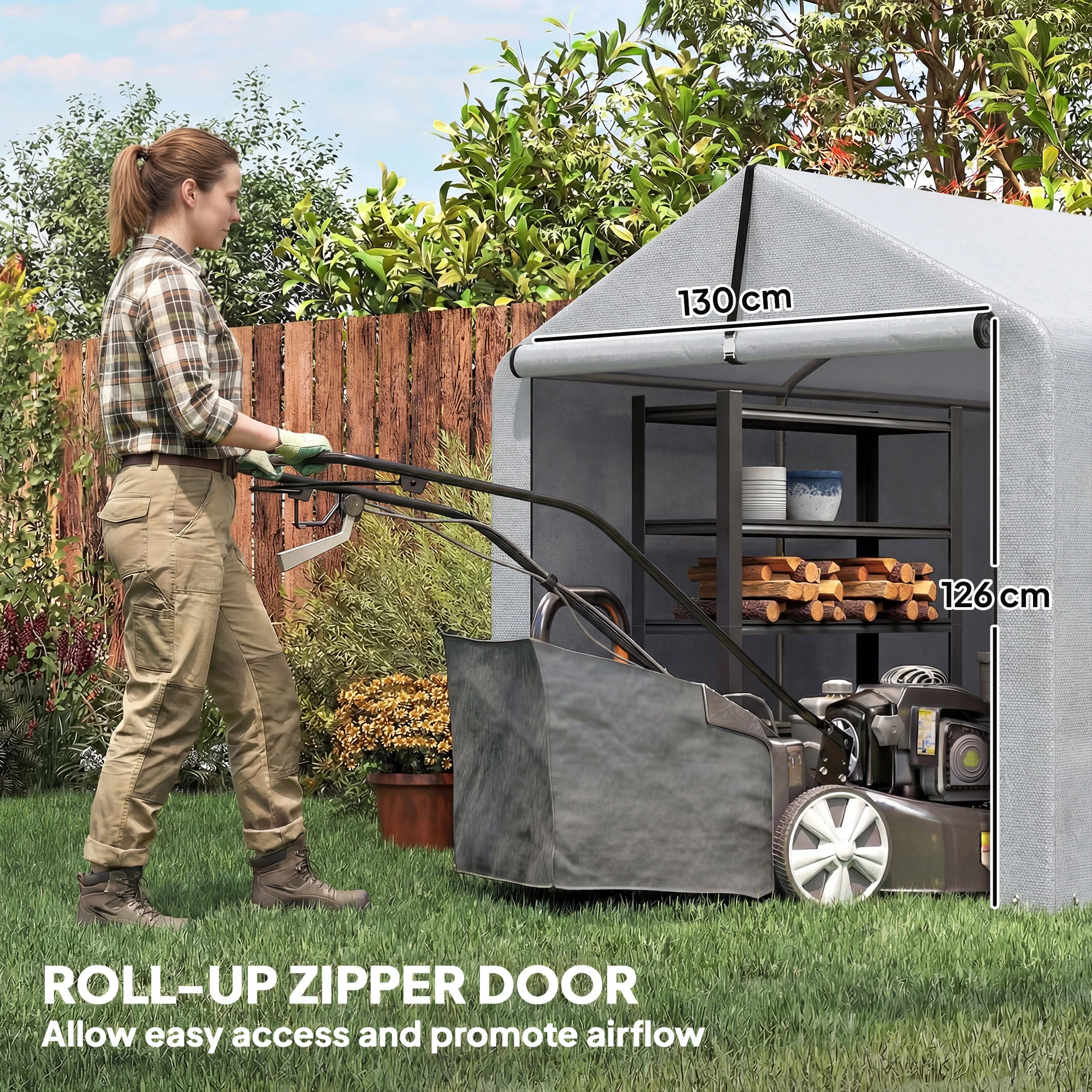 7' x 5' Portable Shed with Roll-up Zipper Door, Light Grey - Image 7