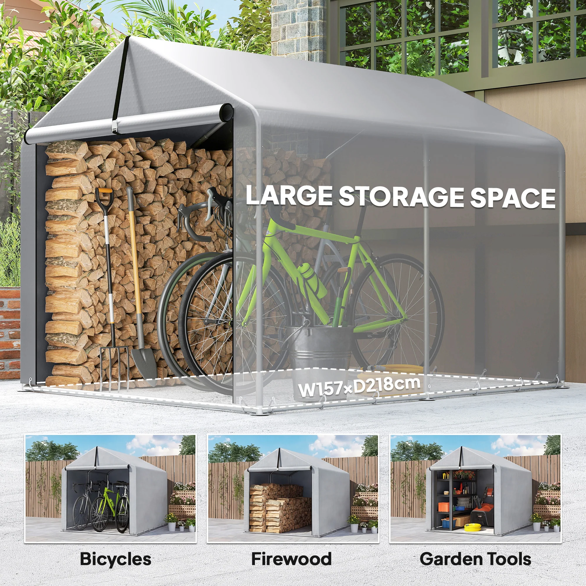 7' x 5' Portable Shed with Roll-up Zipper Door, Light Grey - Image 8