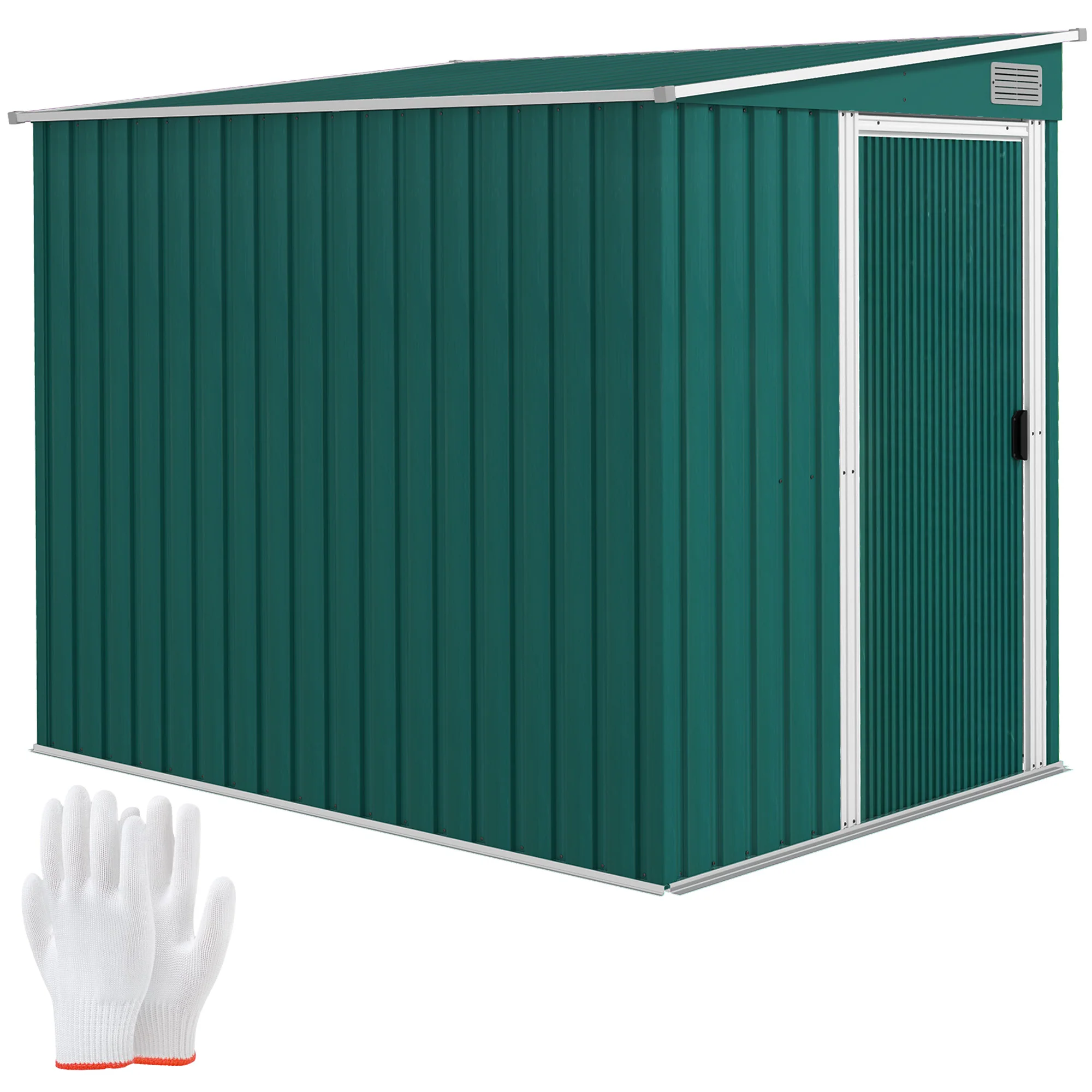 7 x 5FT Lean to Metal Garden Shed w/ Sliding Doors, 2 Vents, Adjustable Shelves and Hooks, Green