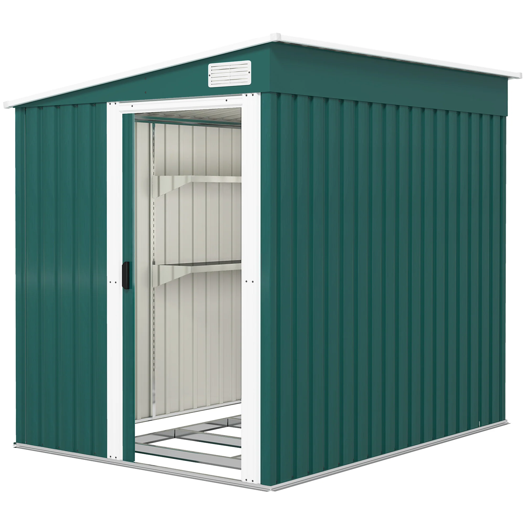 7 x 5FT Lean to Metal Garden Shed w/ Sliding Doors, 2 Vents, Adjustable Shelves and Hooks, Green - Image 2