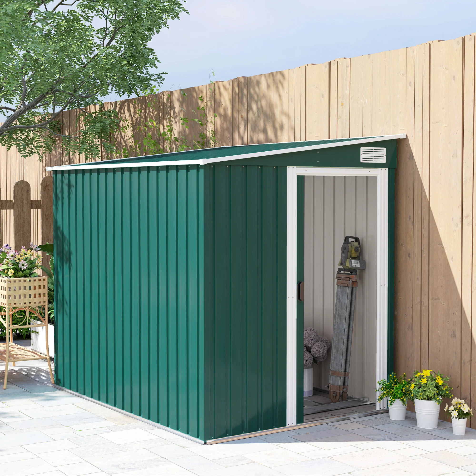 7 x 5FT Lean to Metal Garden Shed w/ Sliding Doors, 2 Vents, Adjustable Shelves and Hooks, Green - Image 3