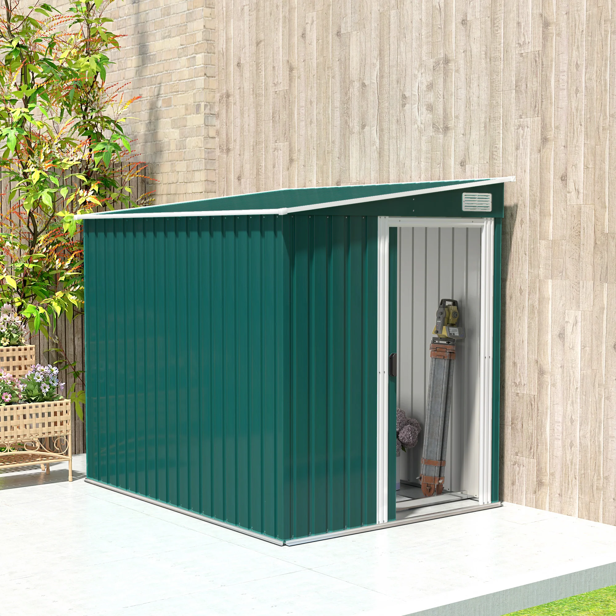 7 x 5FT Lean to Metal Garden Shed w/ Sliding Doors, 2 Vents, Adjustable Shelves and Hooks, Green - Image 4