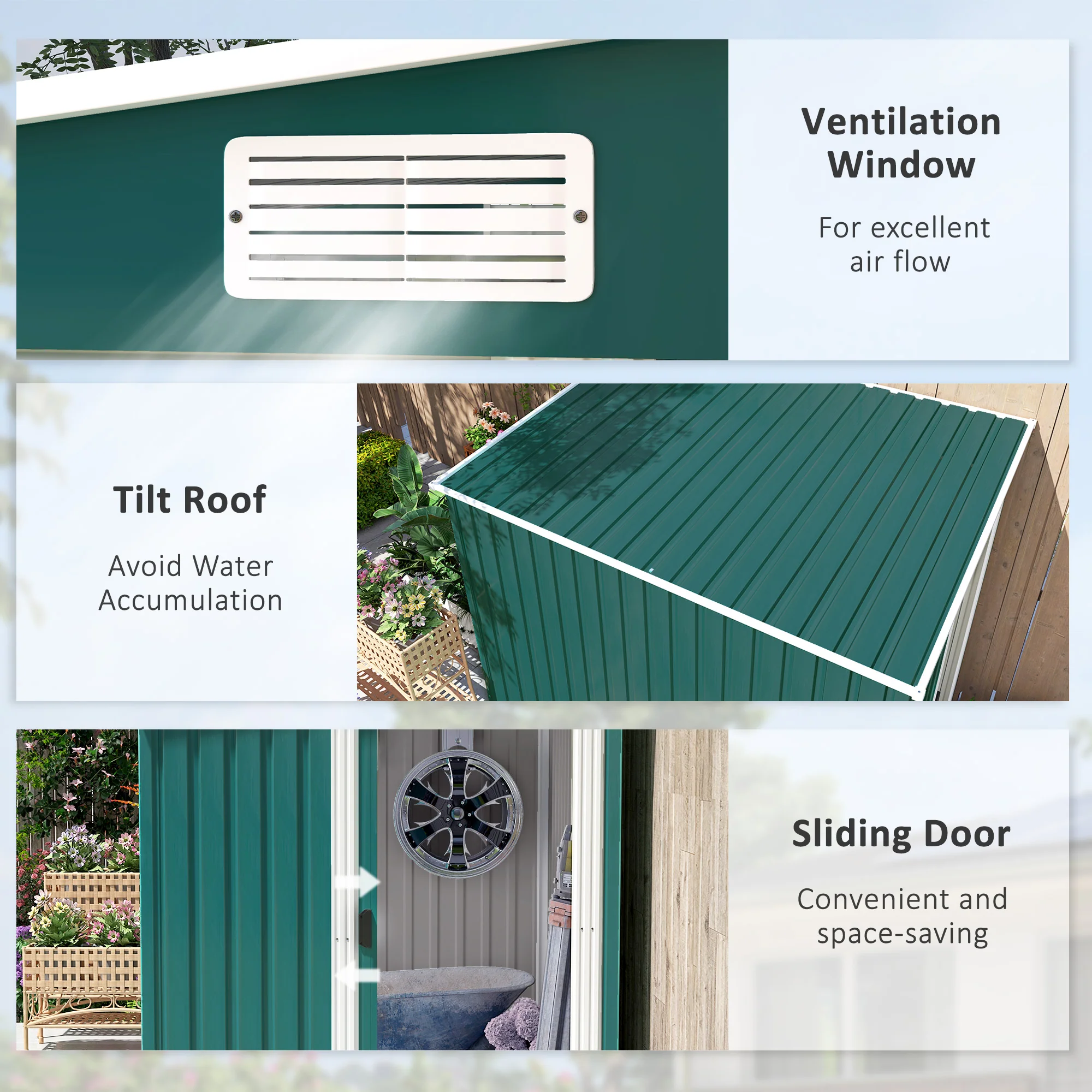 7 x 5FT Lean to Metal Garden Shed w/ Sliding Doors, 2 Vents, Adjustable Shelves and Hooks, Green - Image 9