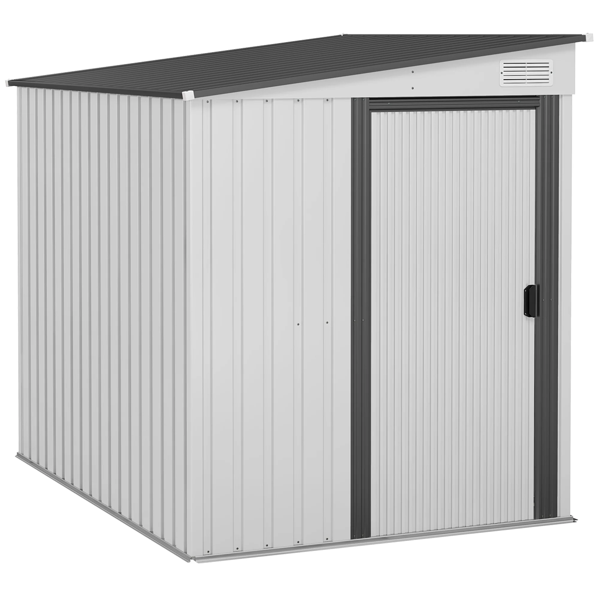 7 x 5FT Lean to Metal Garden Shed w/ Sliding Doors, 2 Vents, Adjustable Shelves and Hooks, White