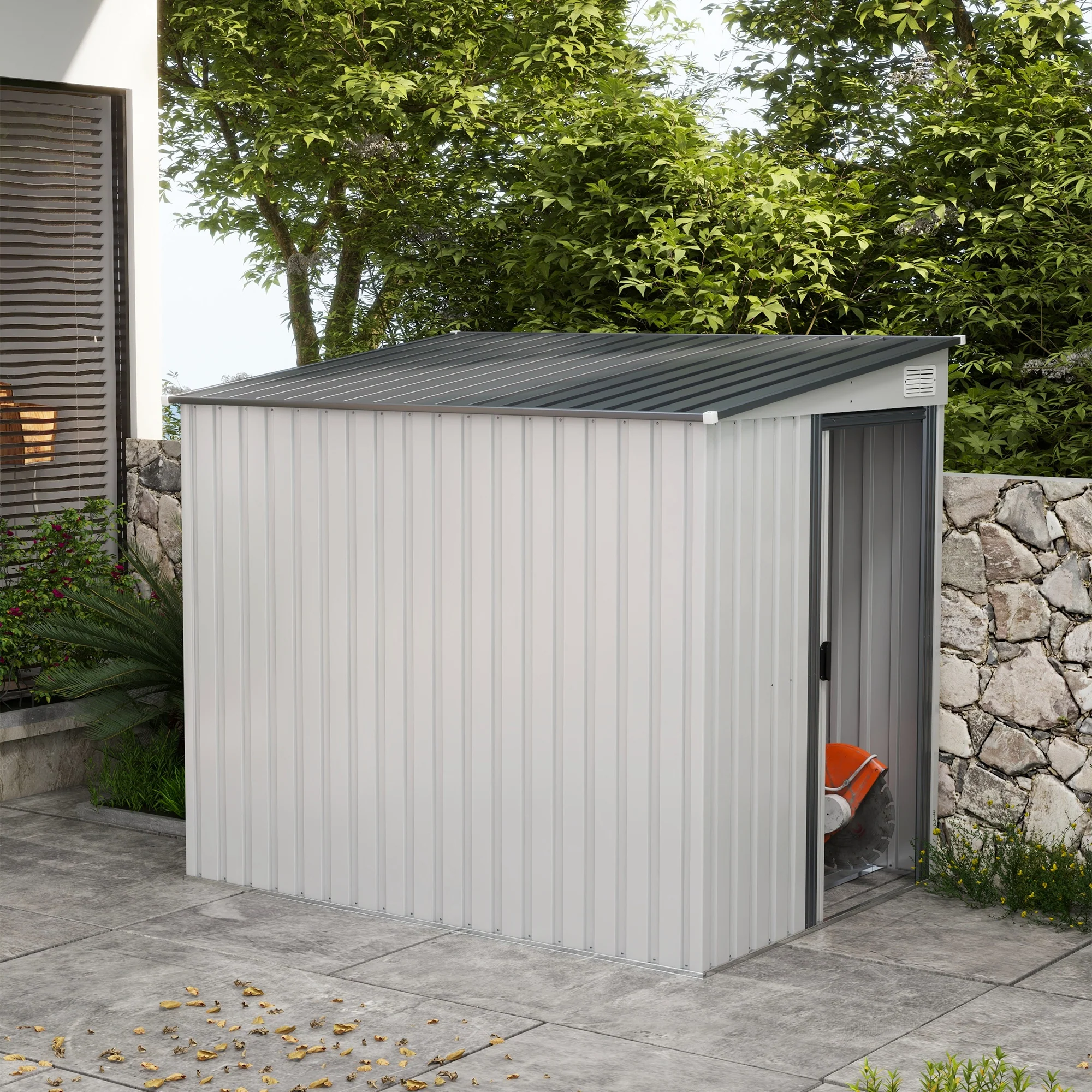 7 x 5FT Lean to Metal Garden Shed w/ Sliding Doors, 2 Vents, Adjustable Shelves and Hooks, White - Image 3