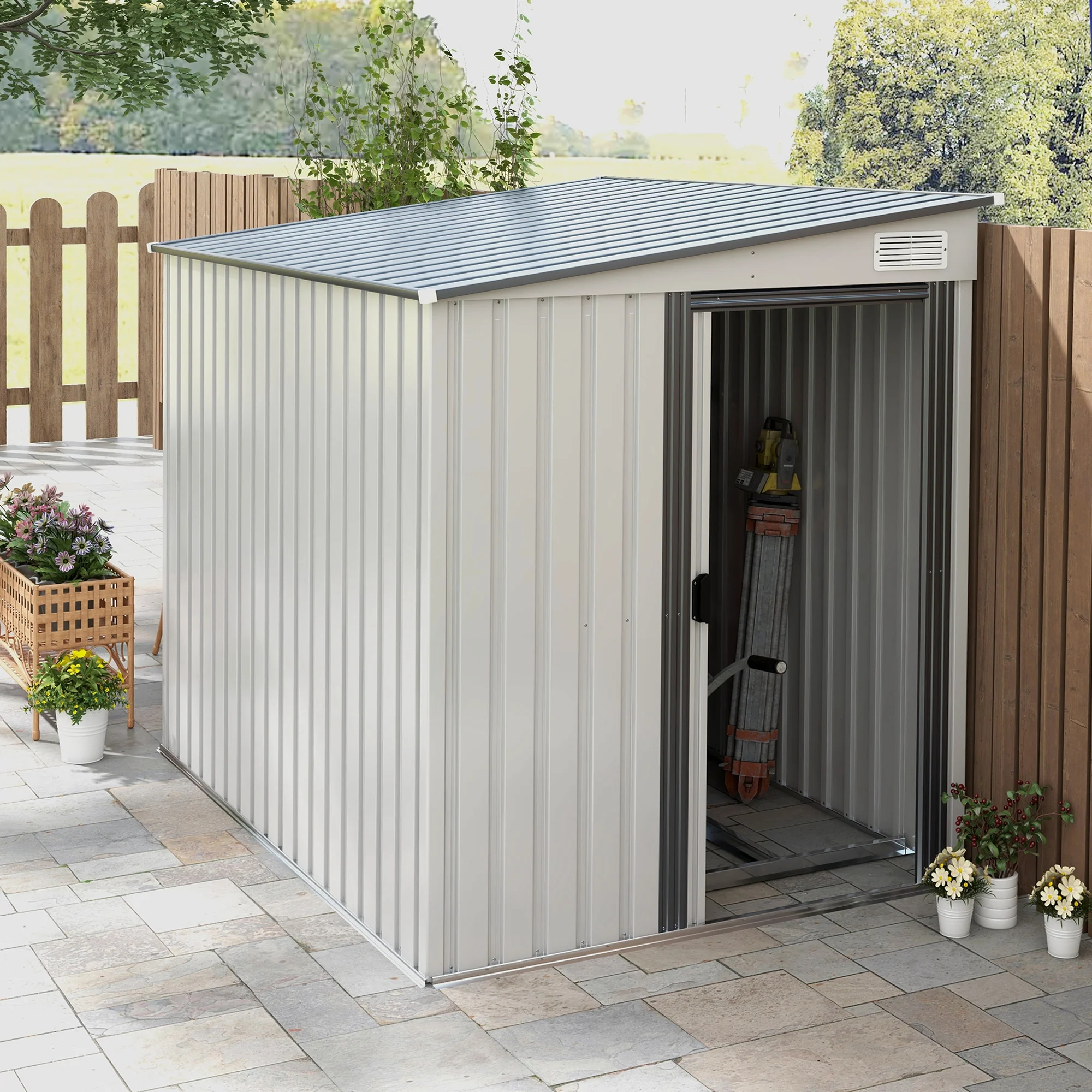 7 x 5FT Lean to Metal Garden Shed w/ Sliding Doors, 2 Vents, Adjustable Shelves and Hooks, White - Image 4