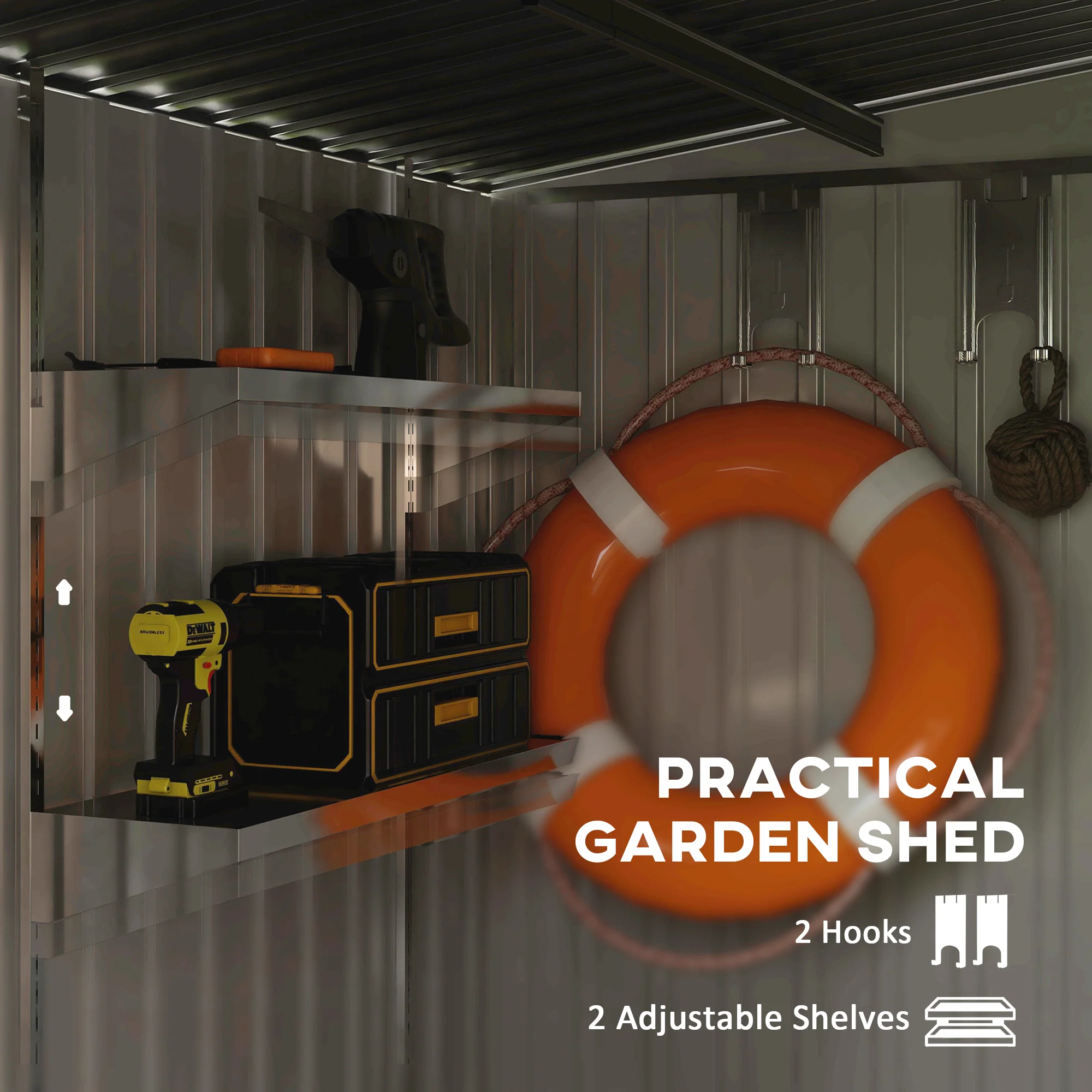 7 x 5FT Lean to Metal Garden Shed w/ Sliding Doors, 2 Vents, Adjustable Shelves and Hooks, White - Image 6