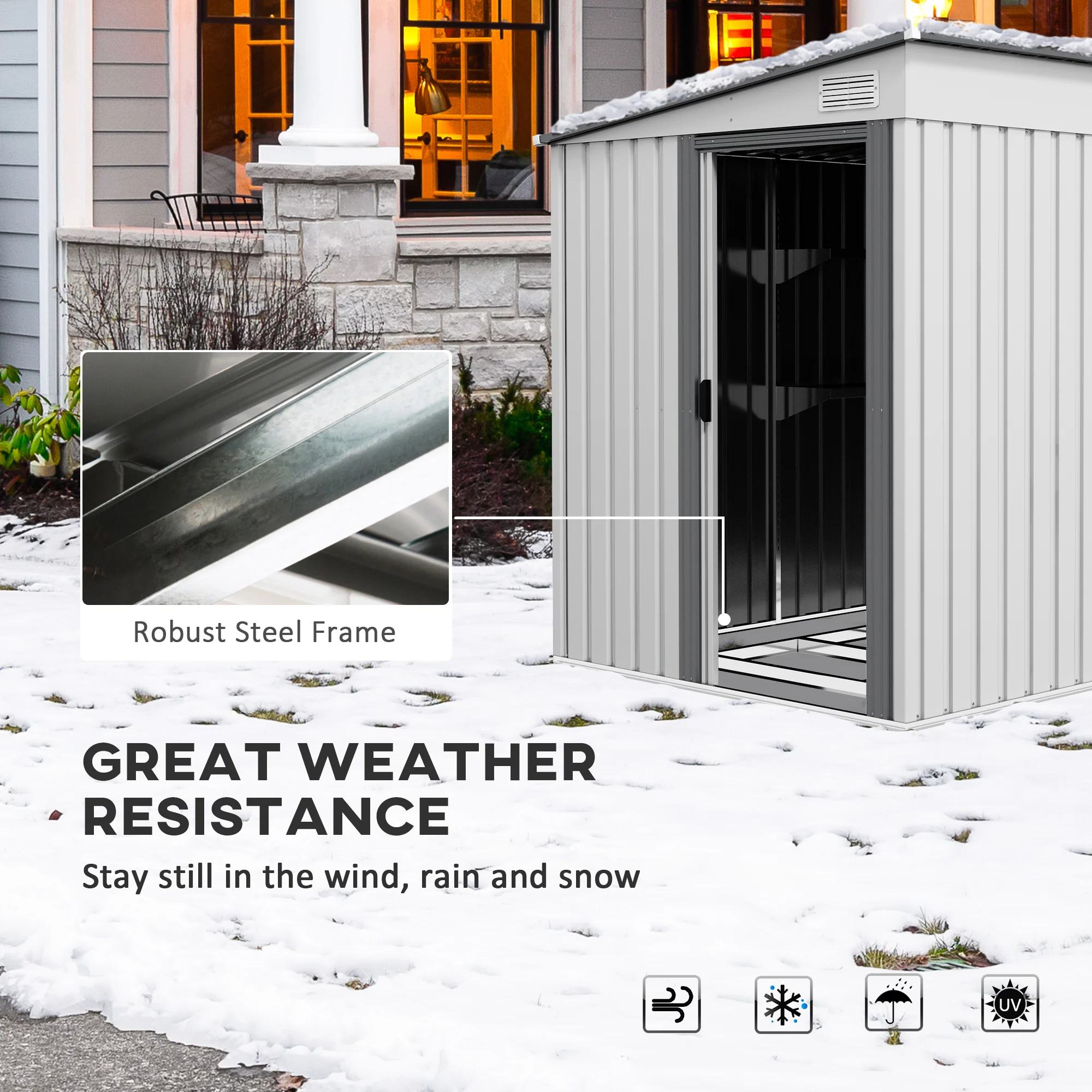 7 x 5FT Lean to Metal Garden Shed w/ Sliding Doors, 2 Vents, Adjustable Shelves and Hooks, White - Image 8