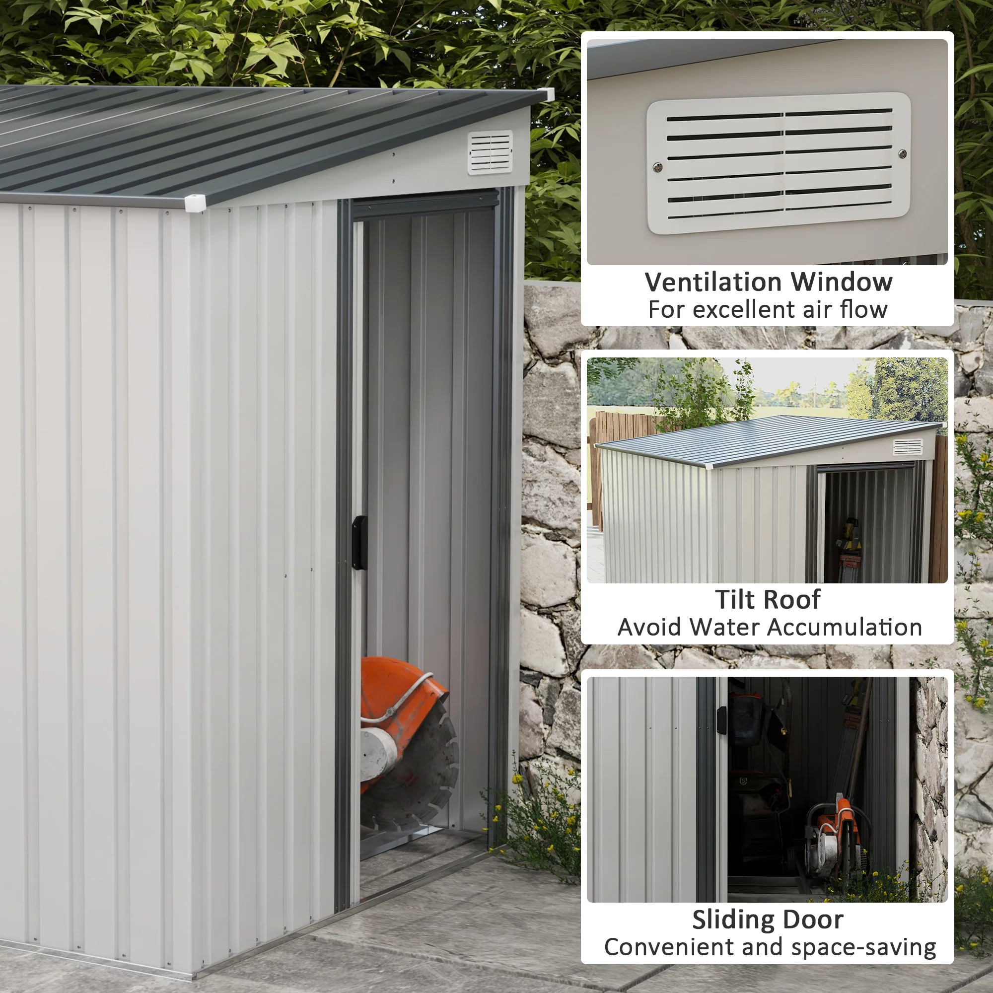 7 x 5FT Lean to Metal Garden Shed w/ Sliding Doors, 2 Vents, Adjustable Shelves and Hooks, White - Image 9