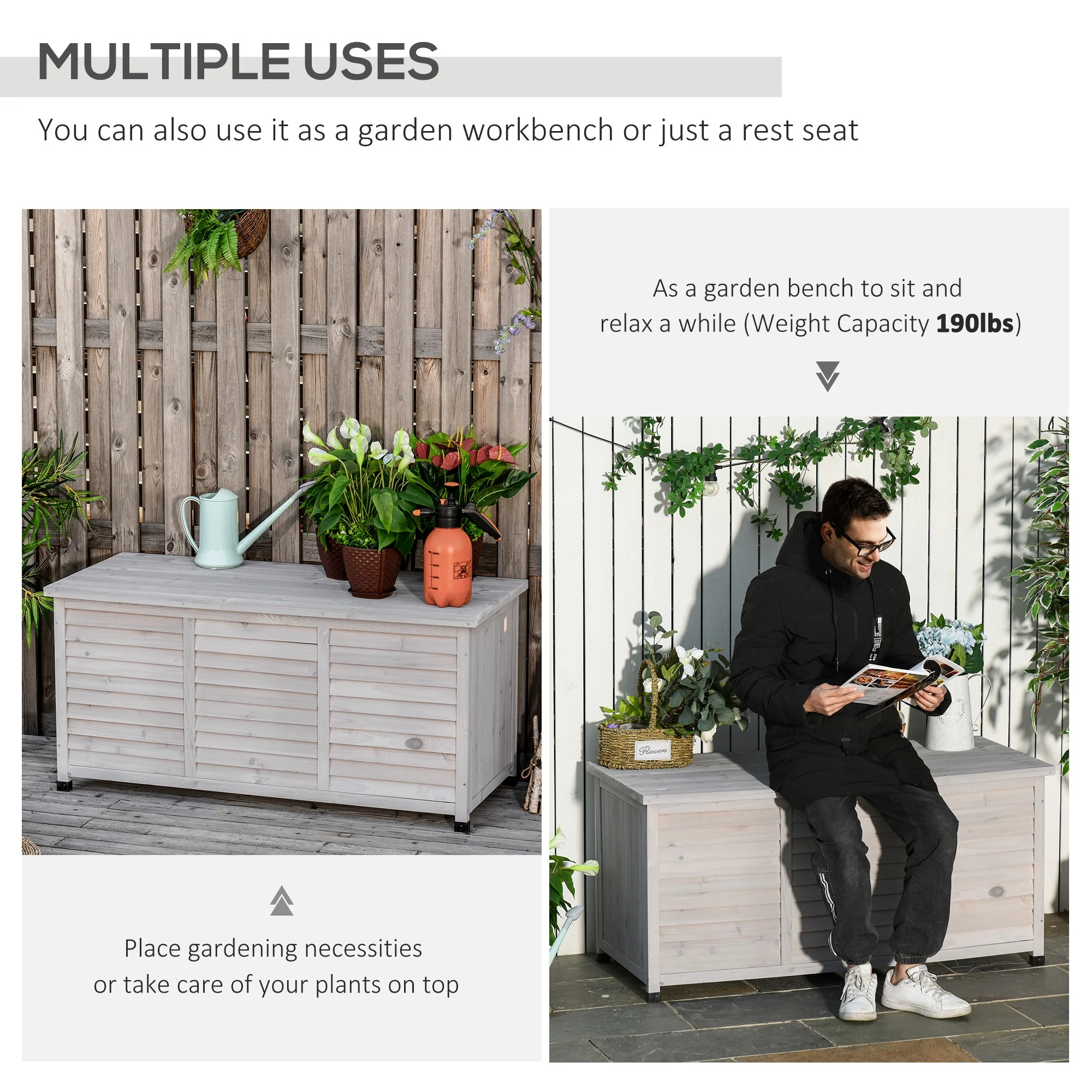 75 Gallon Wooden Deck Box with Weather-Resistant Finish, Grey - Image 7